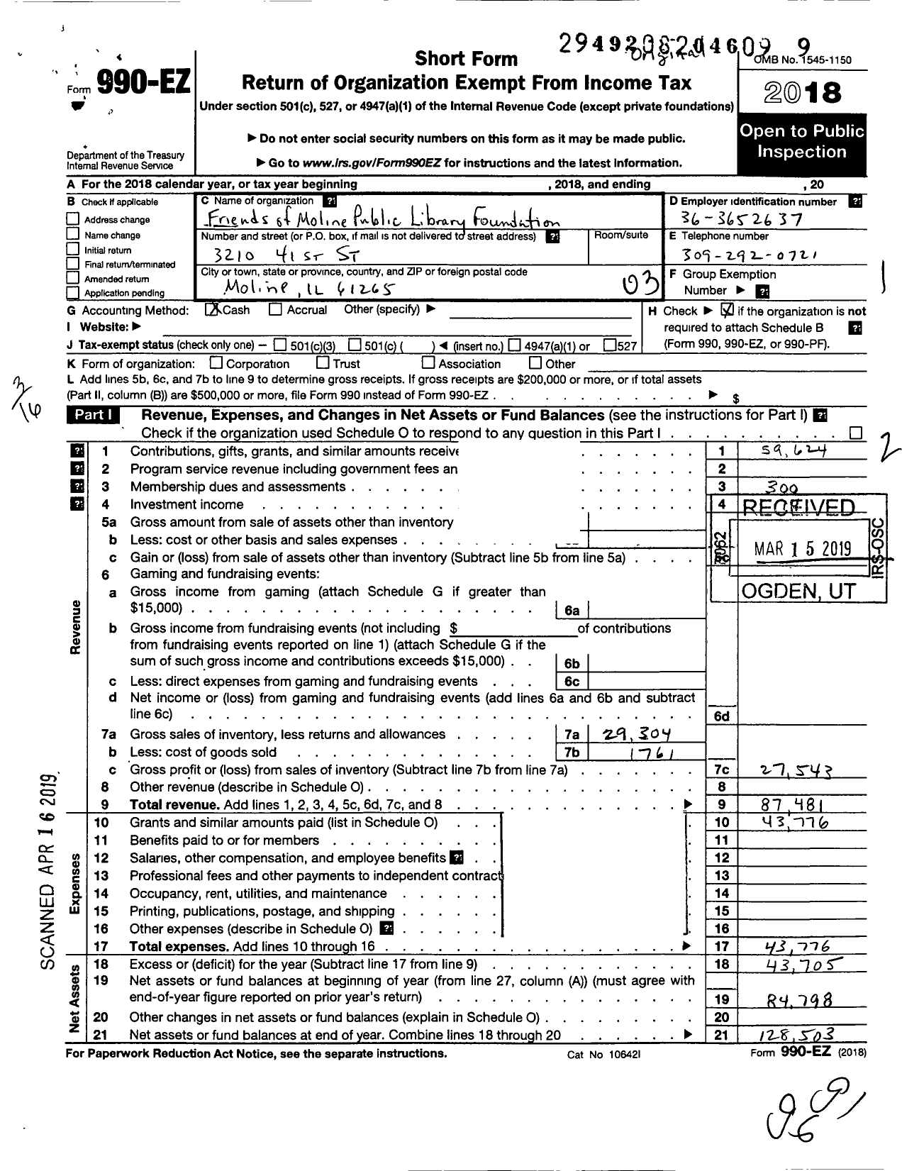 Image of first page of 2018 Form 990EZ for Friends of Moline Public Library Foundation