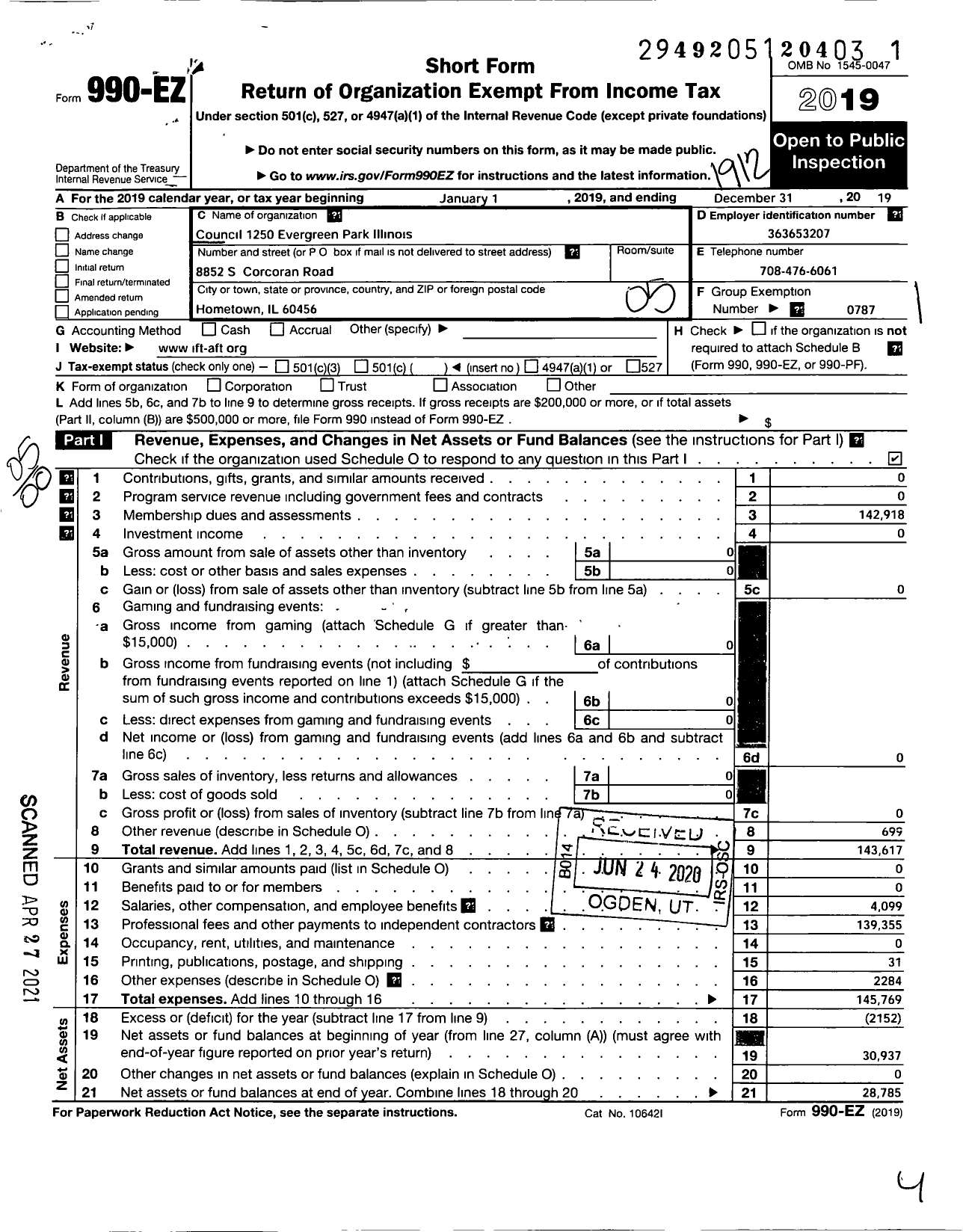Image of first page of 2019 Form 990EO for American Federation of Teachers - Council 1250 Evergreen Park Ii
