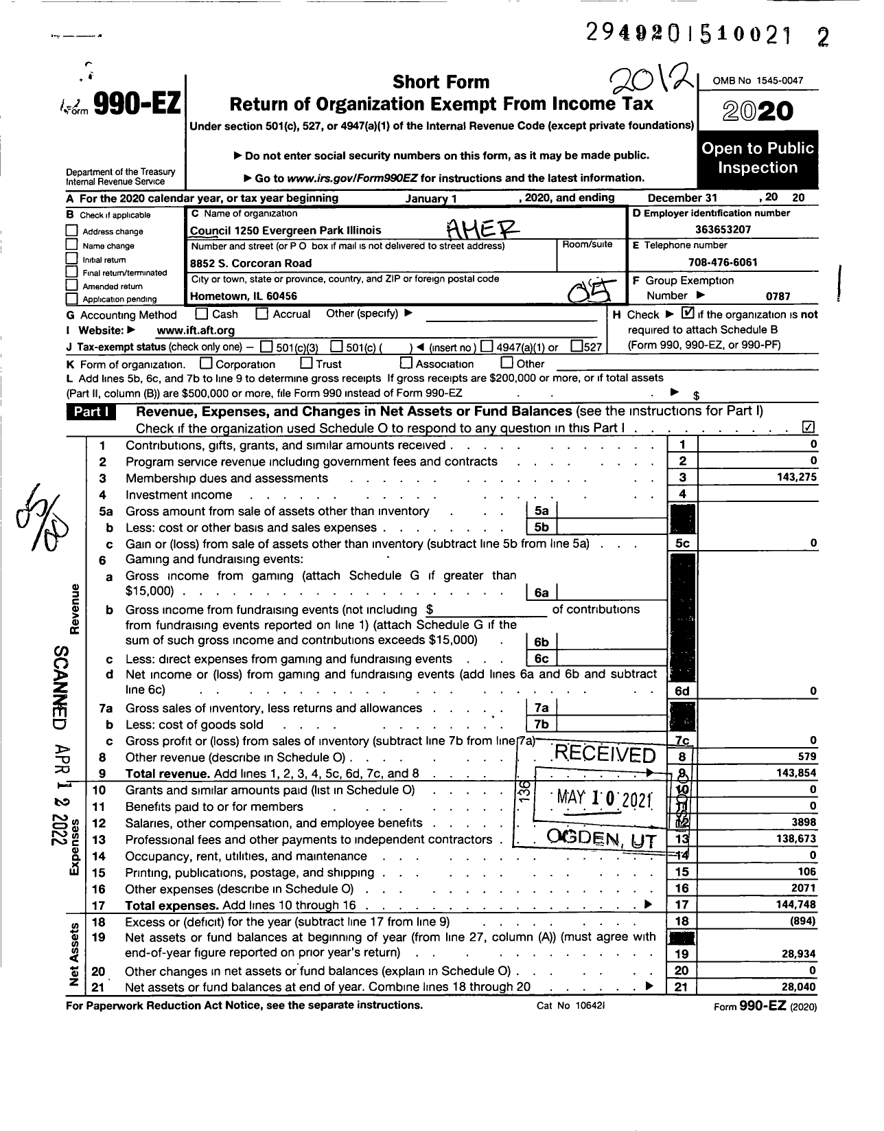Image of first page of 2020 Form 990EO for American Federation of Teachers - Council 1250 Evergreen Park Ii