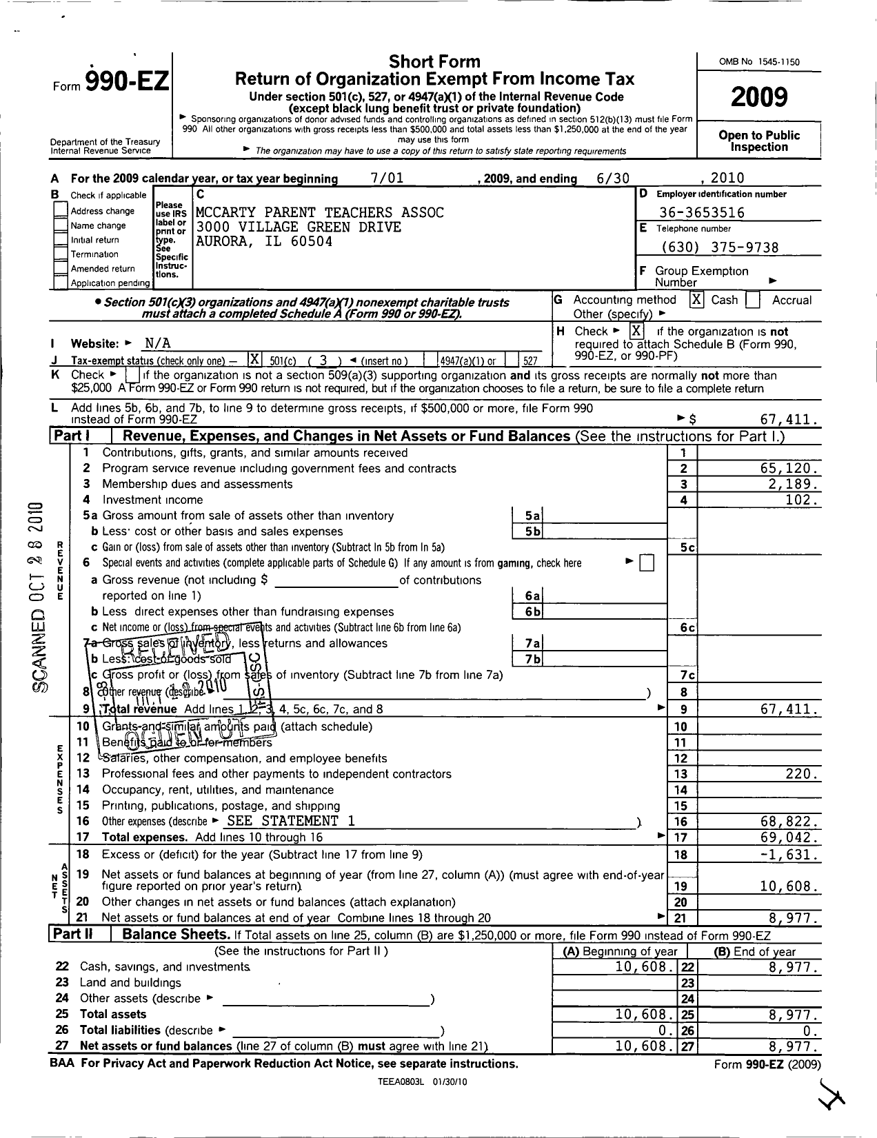 Image of first page of 2009 Form 990EZ for Illinois PTA - Mccarty PTA