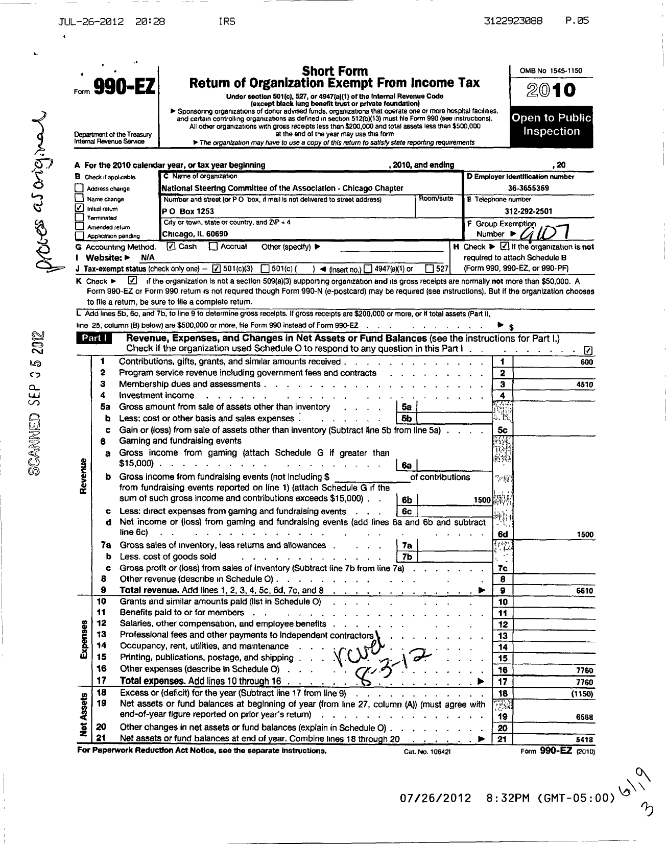 Image of first page of 2010 Form 990EZ for National Steering Comm of the Association for the Imprvmt of Minorits in Irs / Chicago Chapter