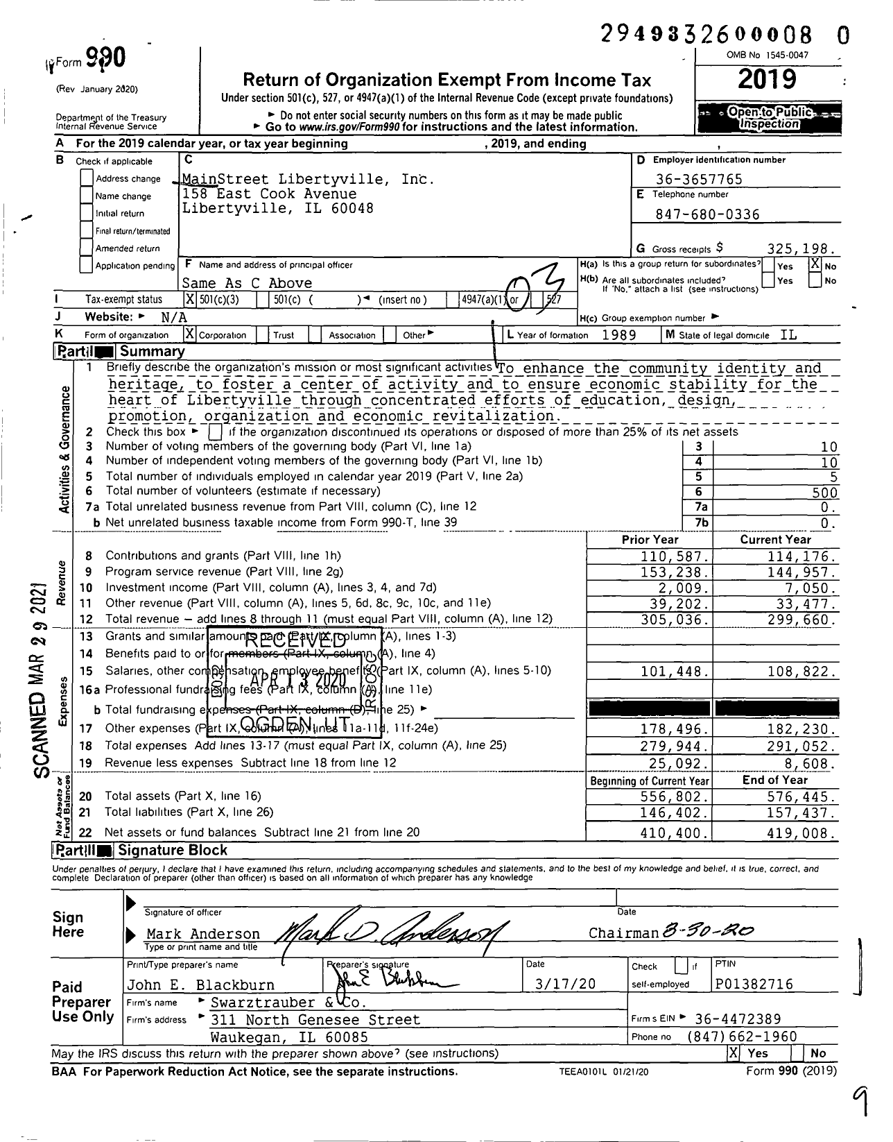 Image of first page of 2019 Form 990 for MainStreet Libertyville