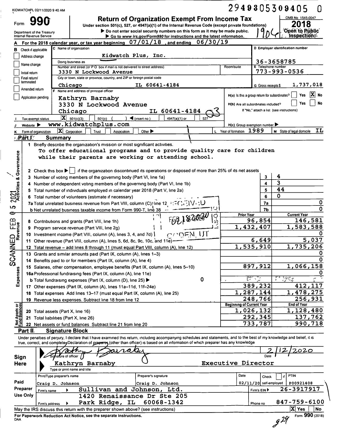 Image of first page of 2018 Form 990 for Kidwatch Plus