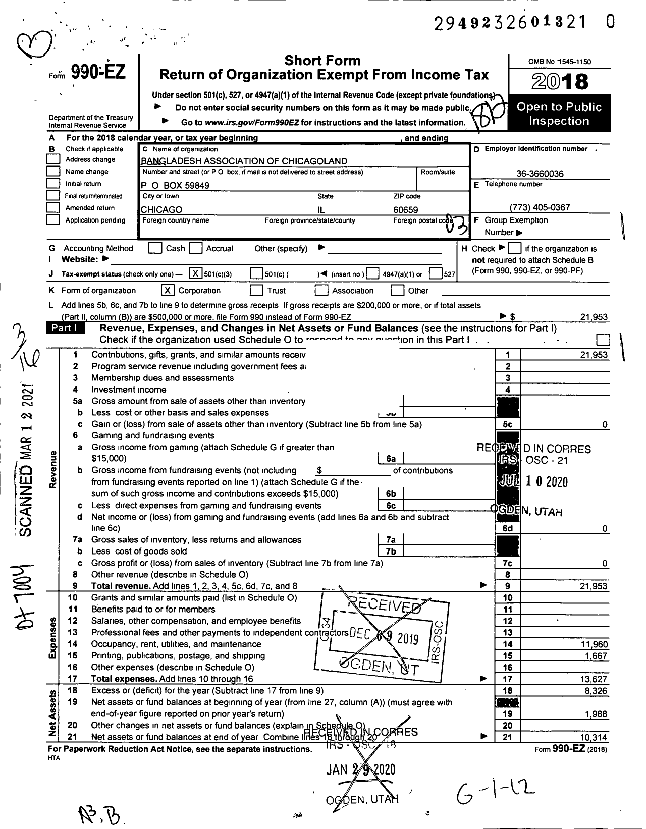 Image of first page of 2018 Form 990EZ for Bangladesh Association of Chicagoland