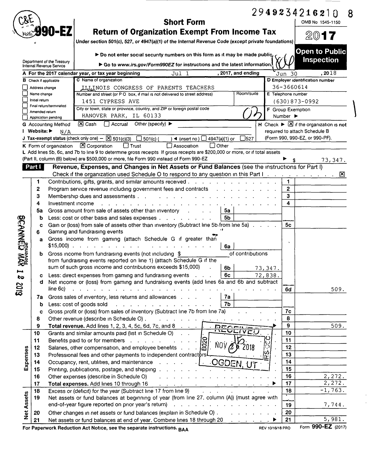 Image of first page of 2017 Form 990EZ for Illinois PTA - Hanover Highlands PTA