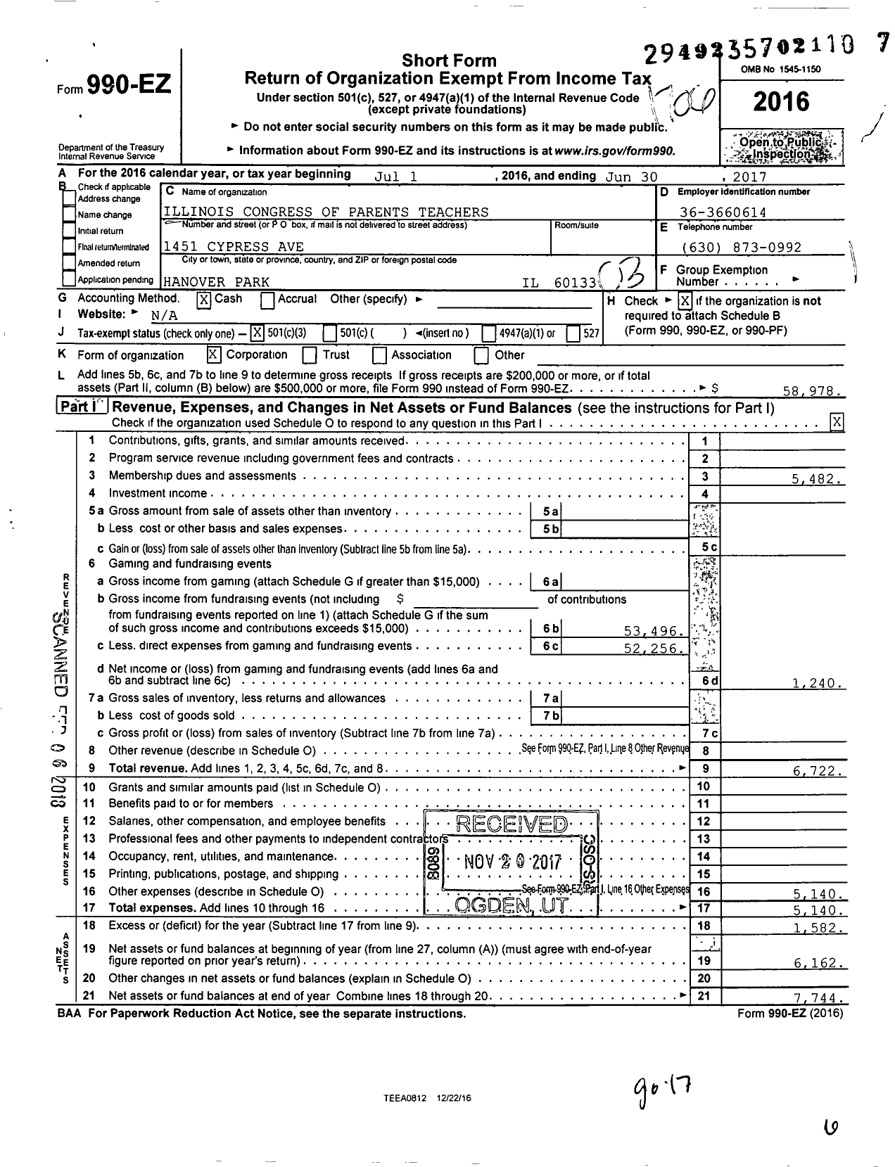 Image of first page of 2016 Form 990EZ for Illinois PTA - Hanover Highlands PTA