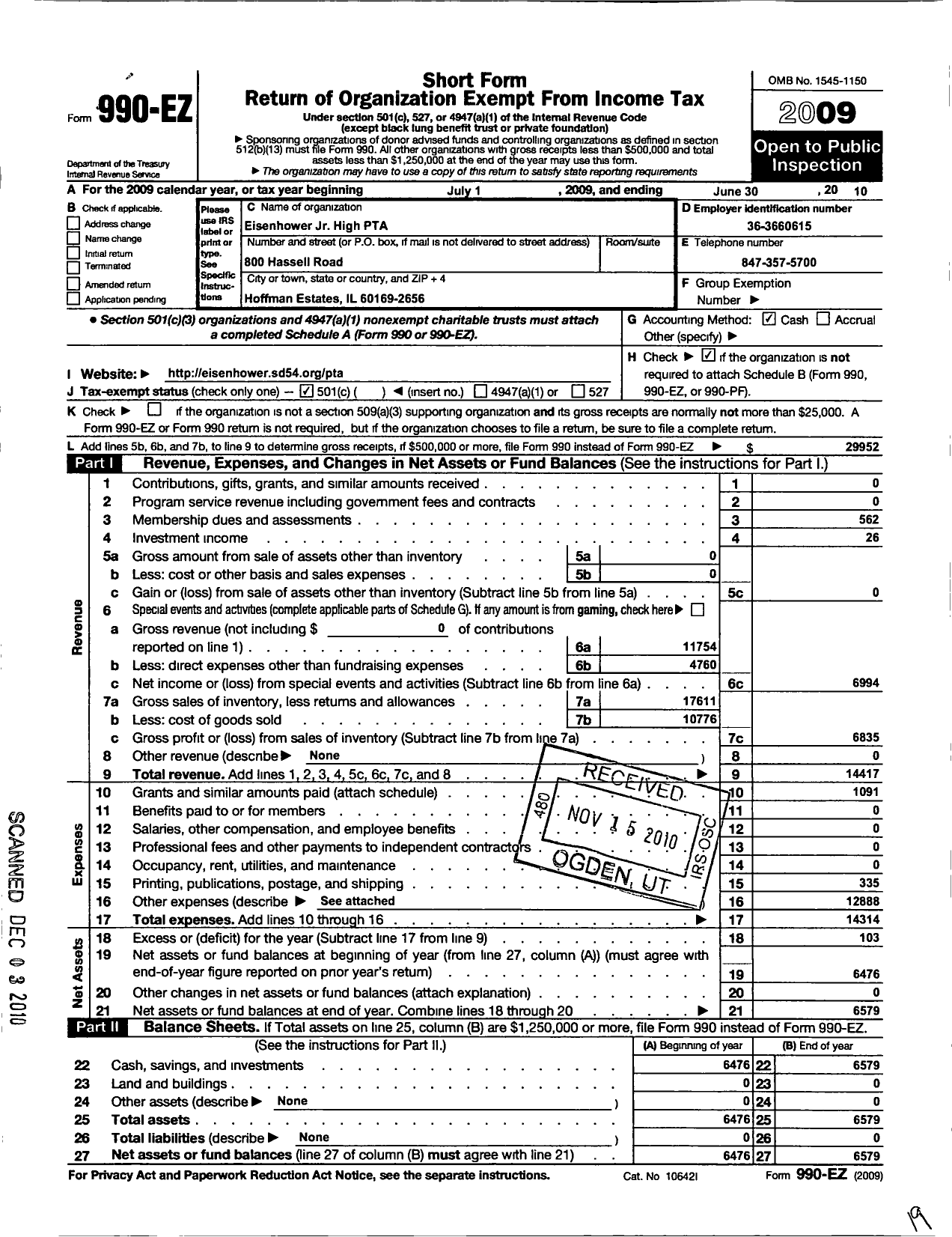 Image of first page of 2009 Form 990EO for Illinois PTA - Eisenhower JR High PTA