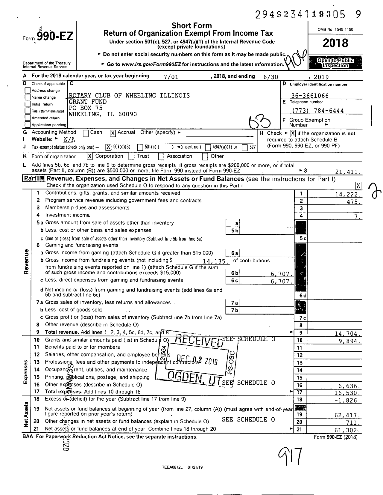 Image of first page of 2018 Form 990EZ for Rotary Club of Wheeling Illinois Grant Fund