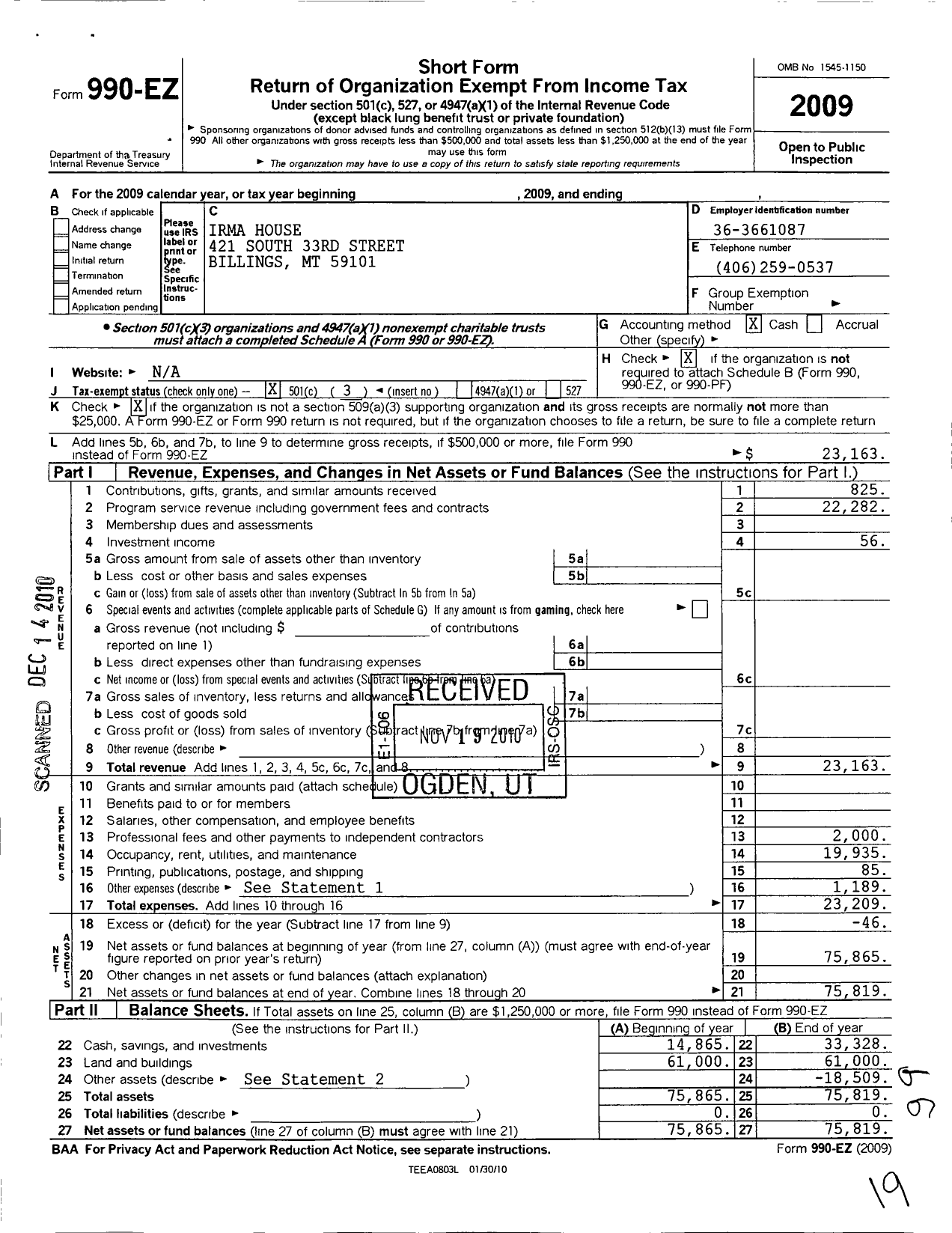 Image of first page of 2009 Form 990EZ for Irma House