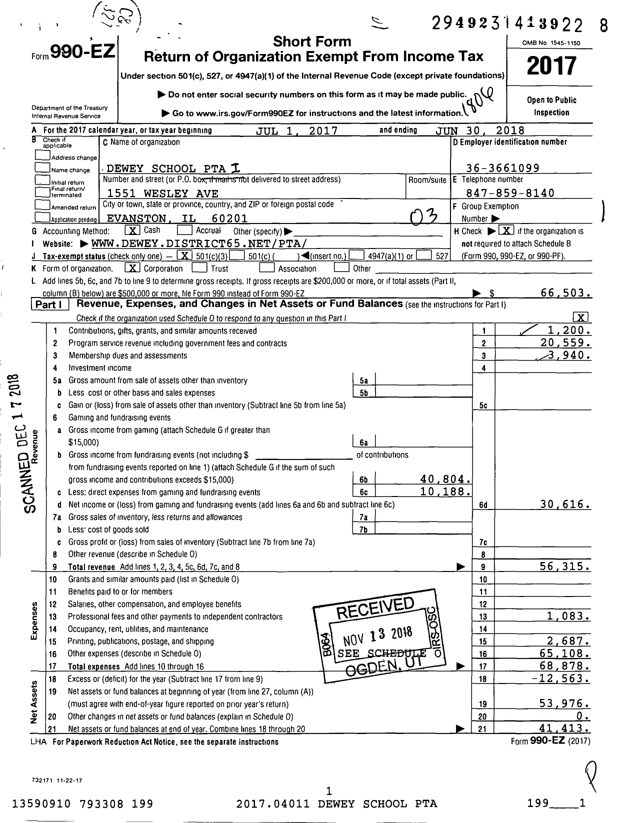 Image of first page of 2017 Form 990EZ for Illinois PTA - Dewey School PTA