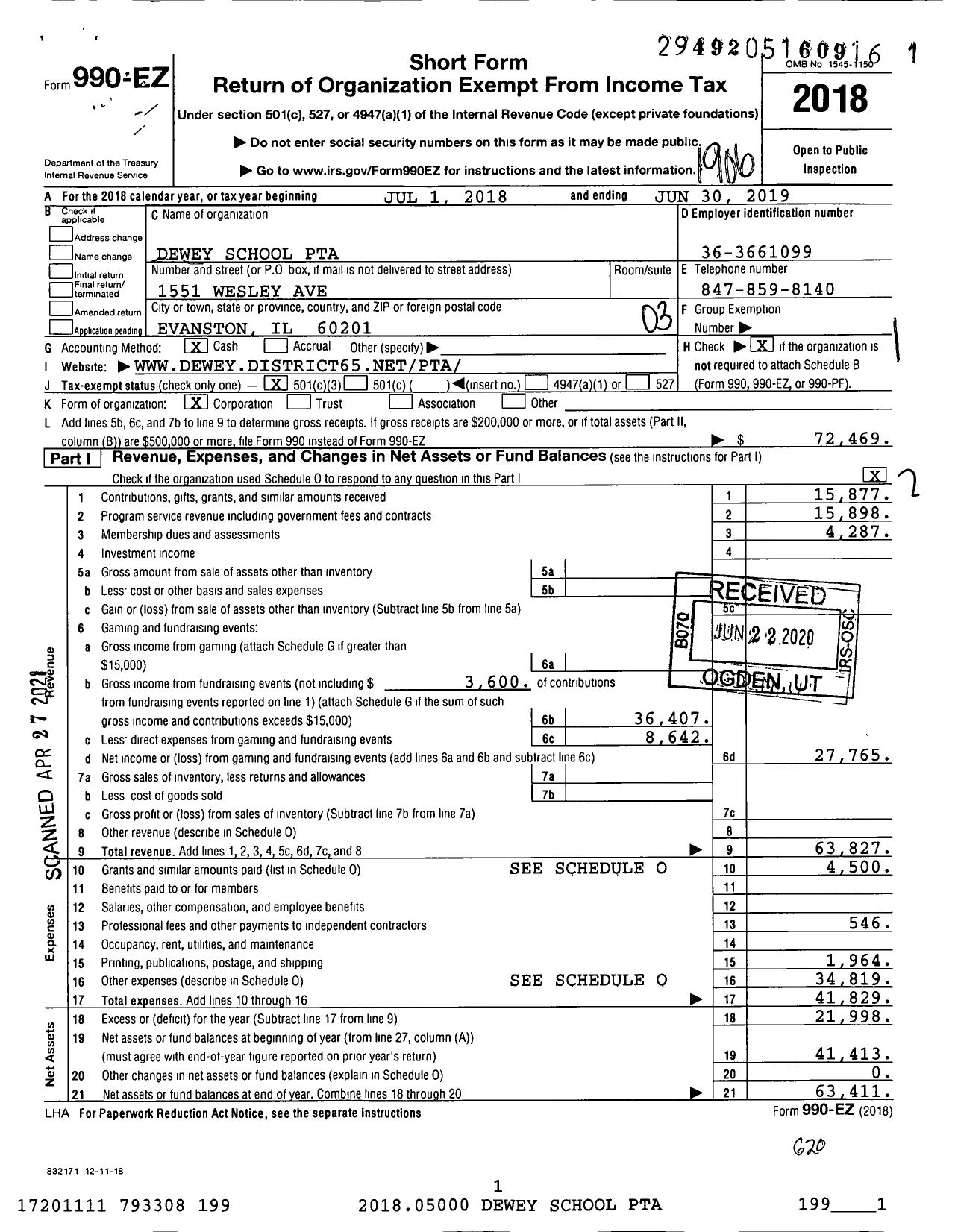 Image of first page of 2018 Form 990EZ for Illinois PTA - Dewey School PTA