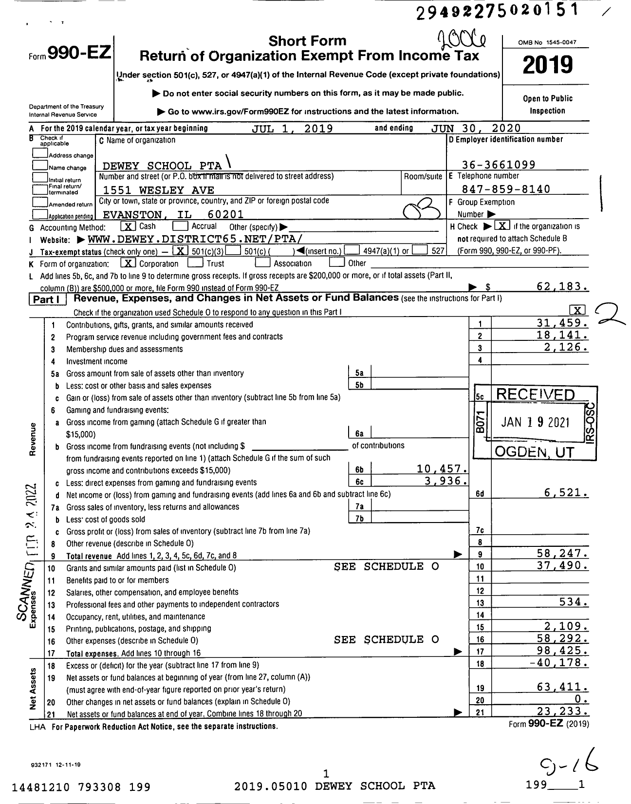 Image of first page of 2019 Form 990EZ for Illinois PTA - Dewey School PTA