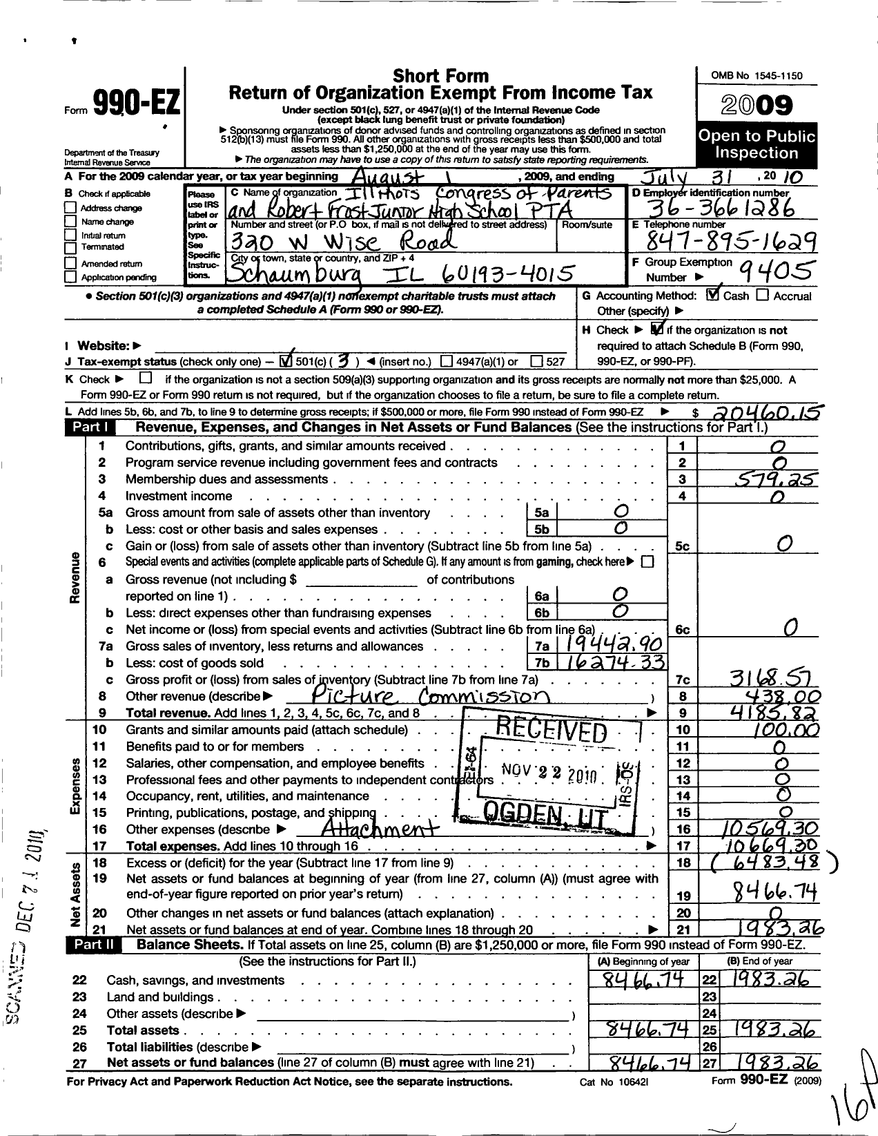 Image of first page of 2009 Form 990EZ for Illinois PTA - Frost PTA