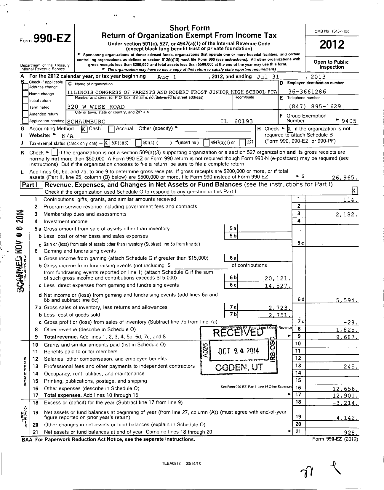 Image of first page of 2012 Form 990EZ for Illinois PTA - Frost PTA