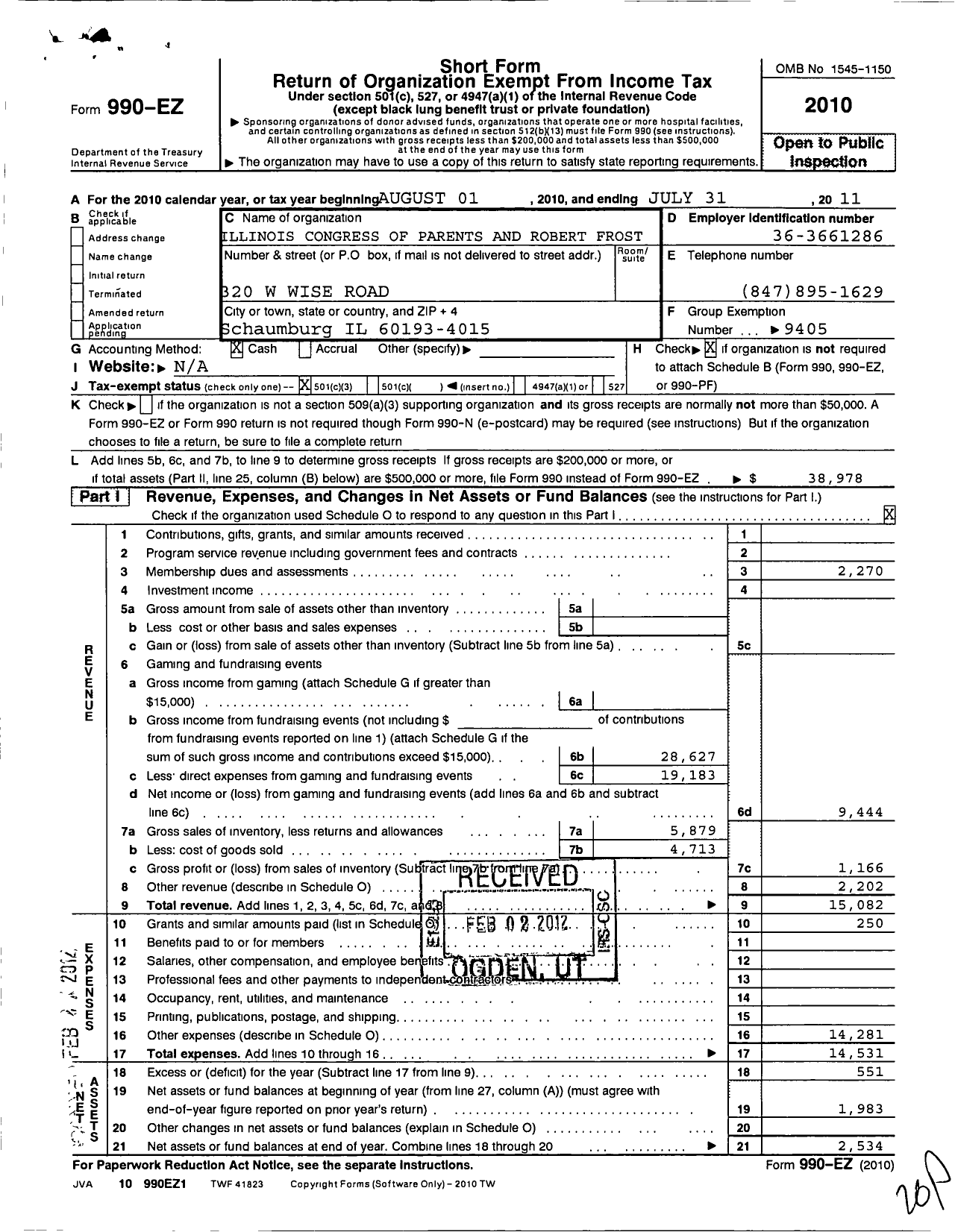 Image of first page of 2010 Form 990EZ for Illinois PTA - Frost PTA