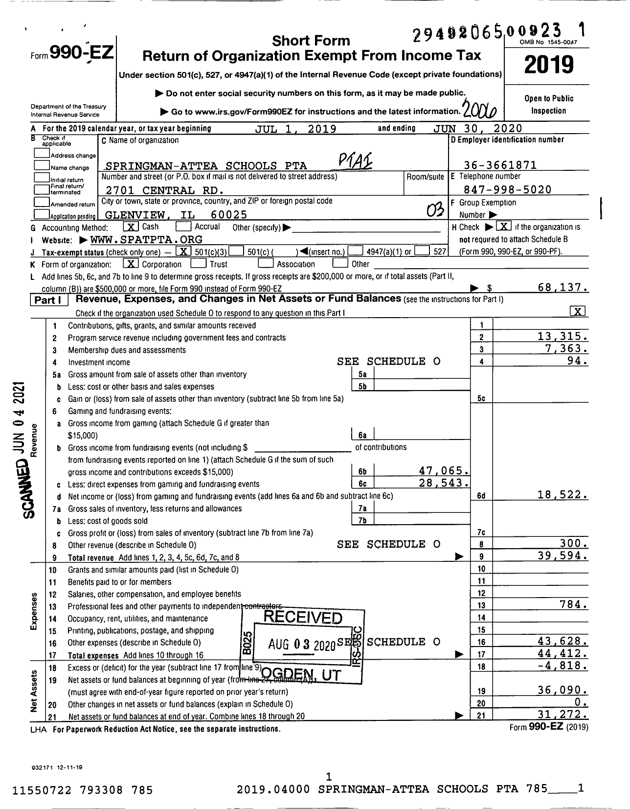 Image of first page of 2019 Form 990EZ for Illinois PTA - Springman-Attea School PTA