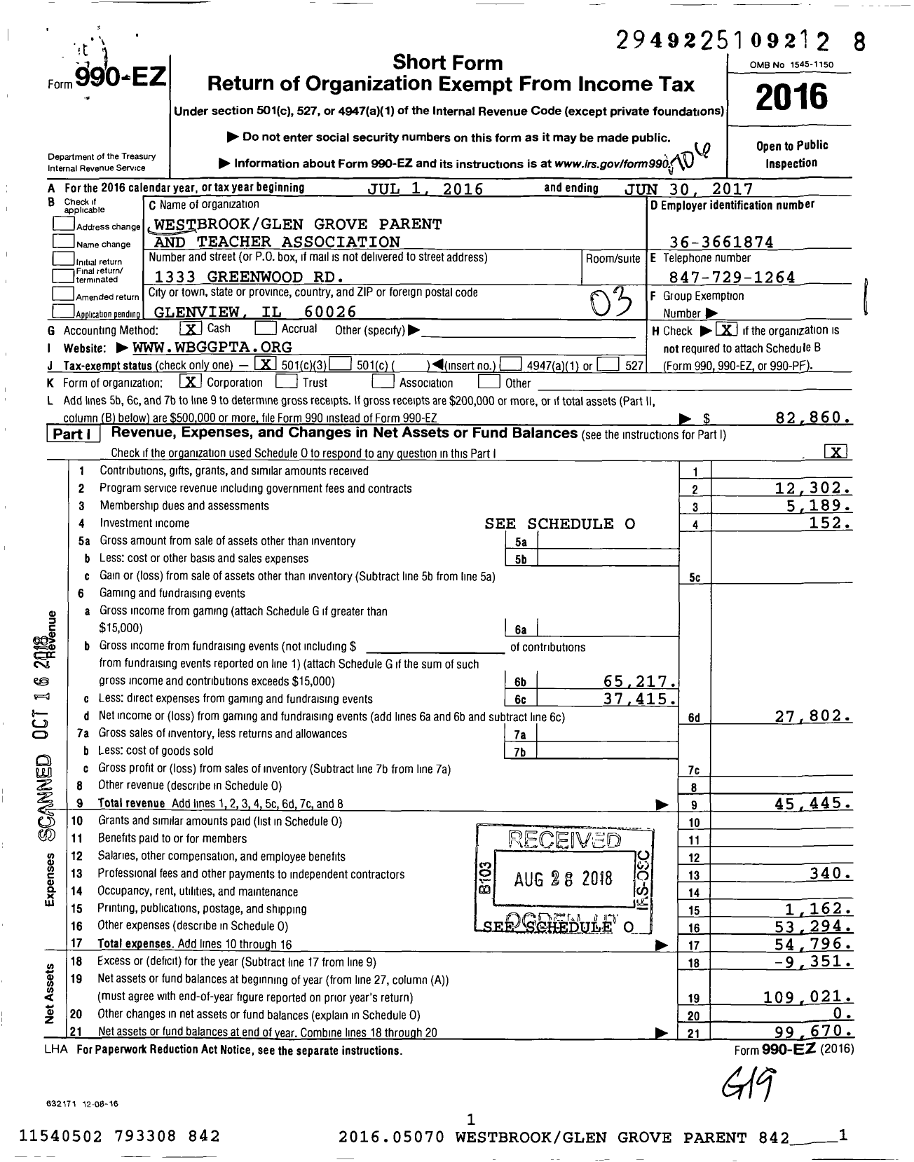 Image of first page of 2016 Form 990EZ for Illinois PTA - Westbrook Glen Grove PTA