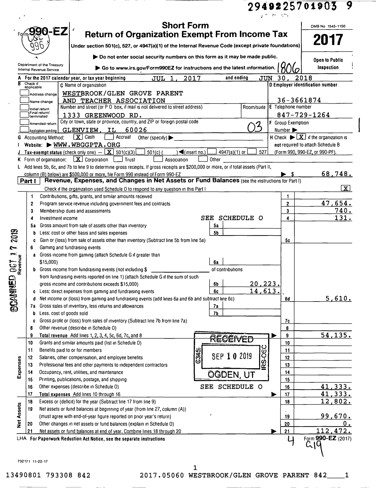 Image of first page of 2017 Form 990EZ for Illinois PTA - Westbrook Glen Grove PTA