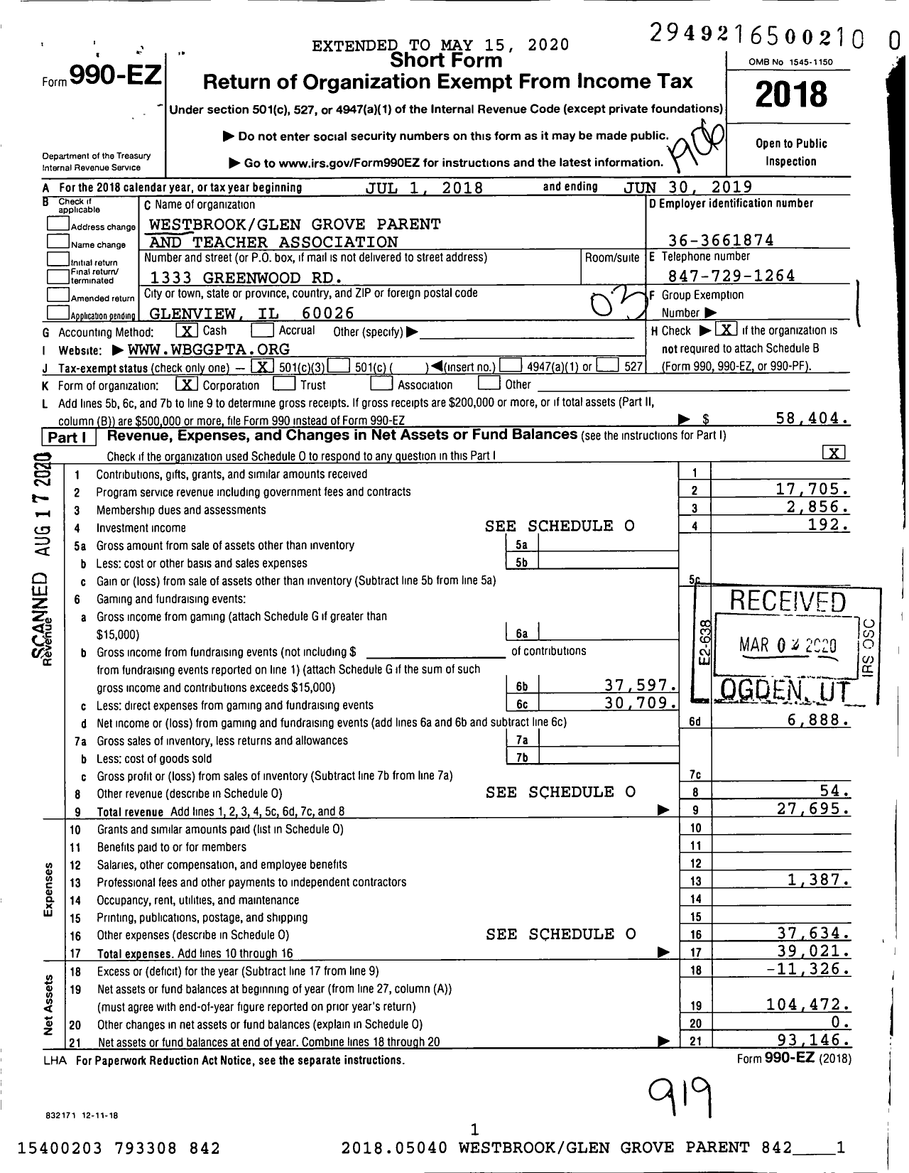 Image of first page of 2018 Form 990EZ for Illinois PTA - Westbrook Glen Grove PTA