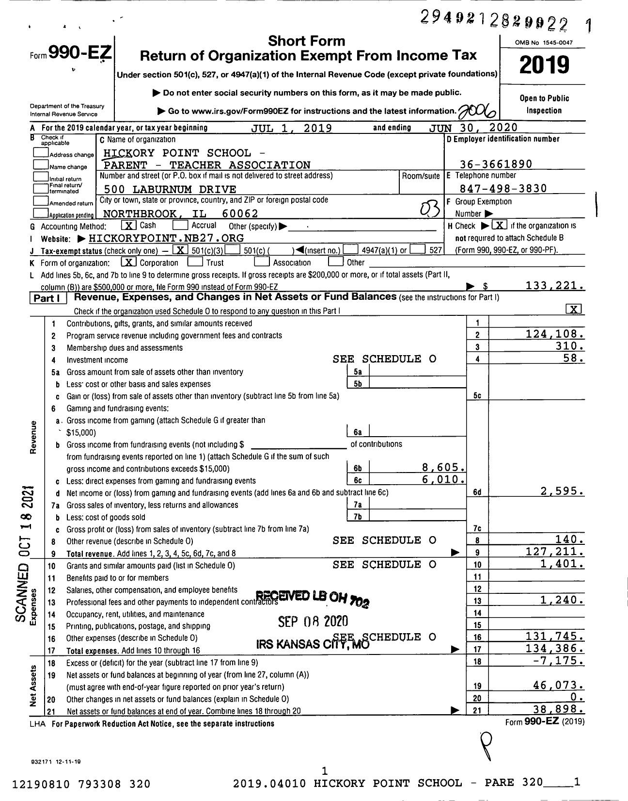 Image of first page of 2019 Form 990EZ for Illinois PTA - Hickory Point PTA