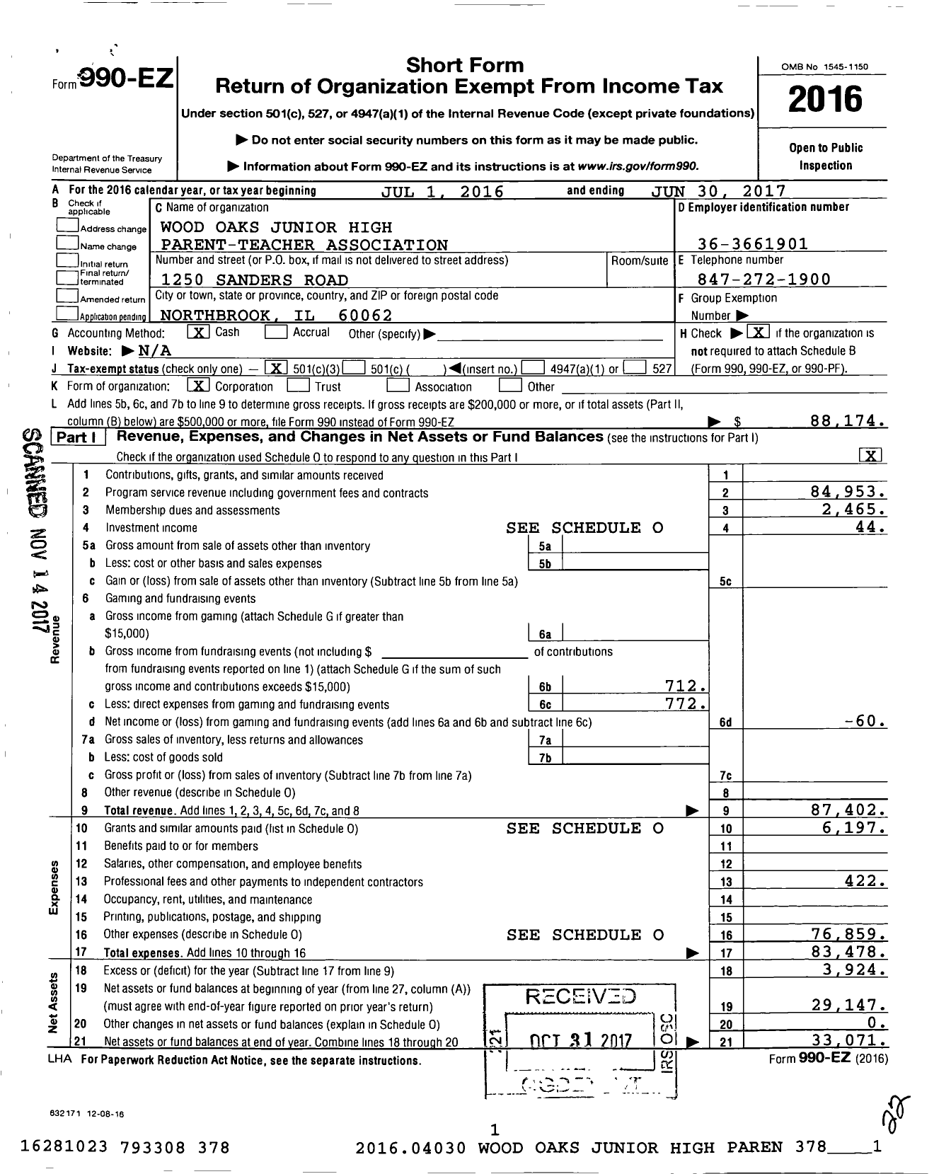 Image of first page of 2016 Form 990EZ for Illinois PTA - Wood Oaks Junior High PTA