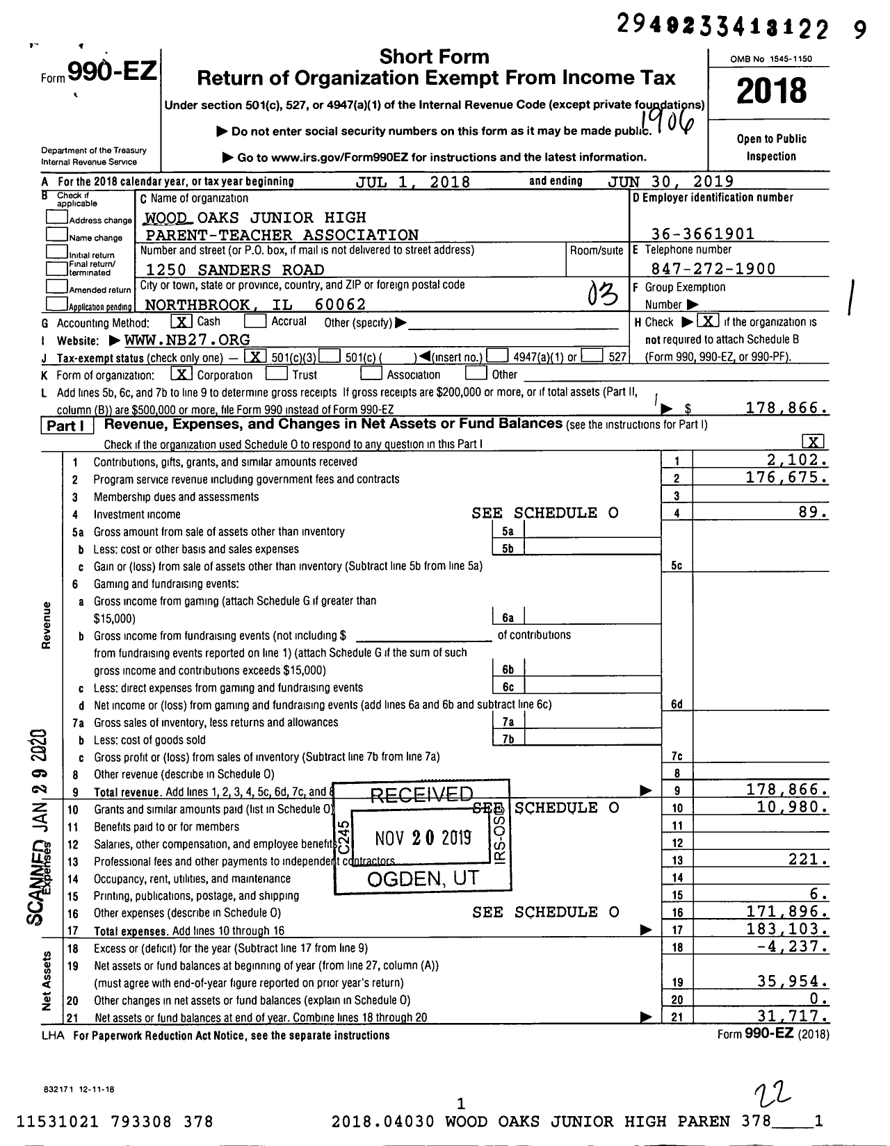 Image of first page of 2018 Form 990EZ for Illinois PTA - Wood Oaks Junior High PTA