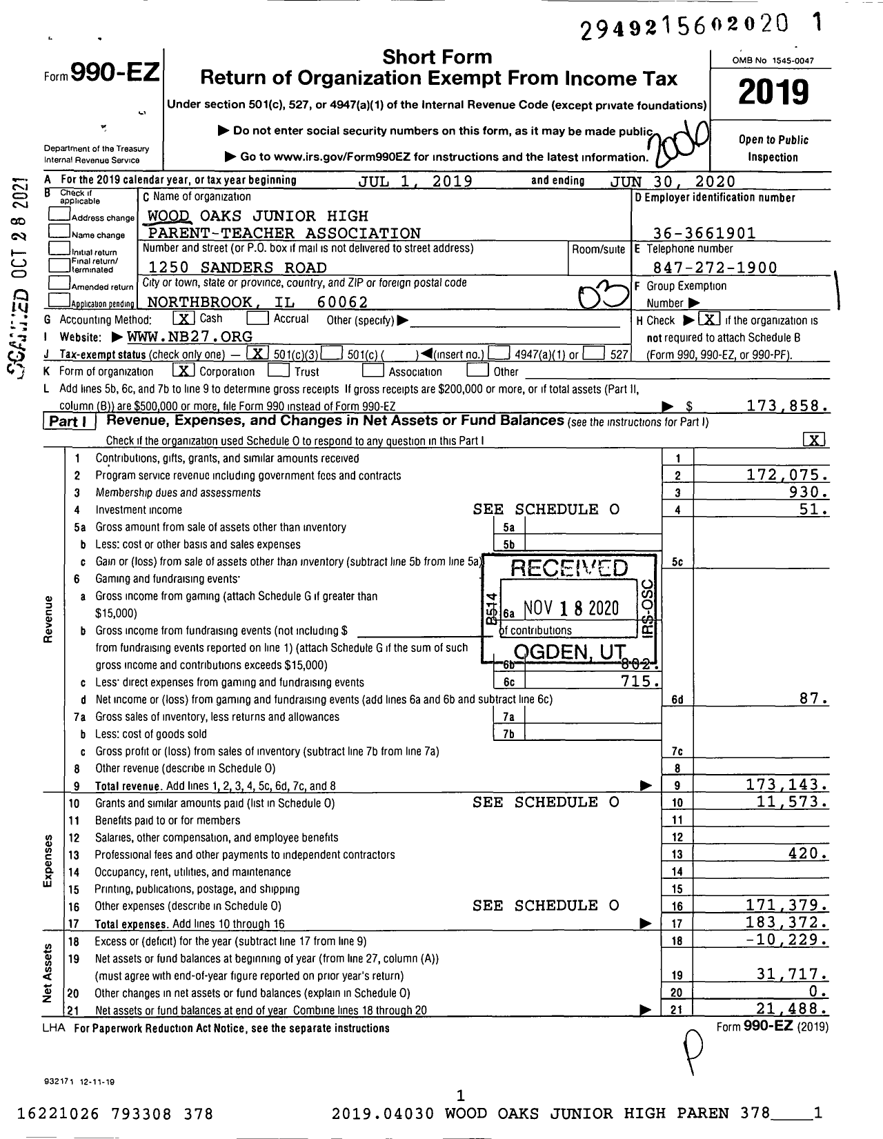 Image of first page of 2019 Form 990EZ for Illinois PTA - Wood Oaks Junior High PTA