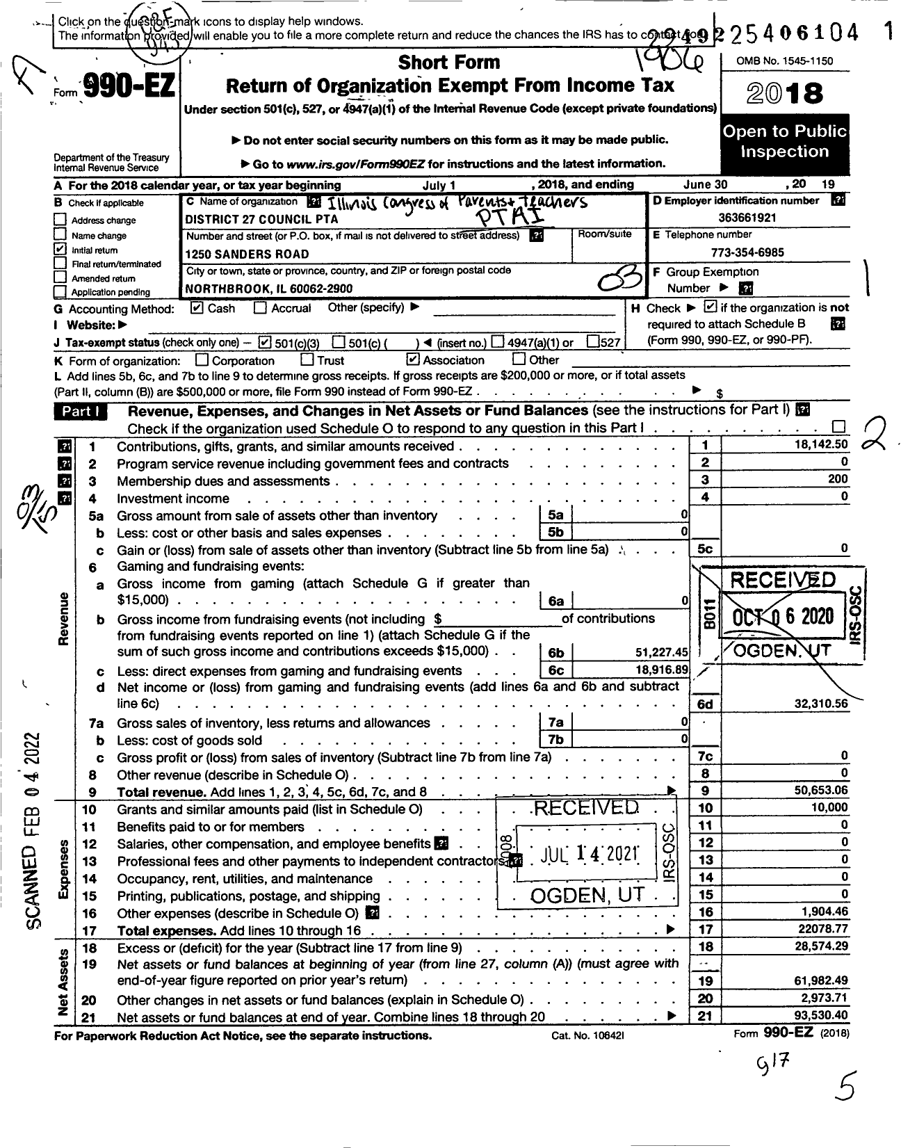 Image of first page of 2018 Form 990EZ for Illinois PTA - 27 Council District PTA