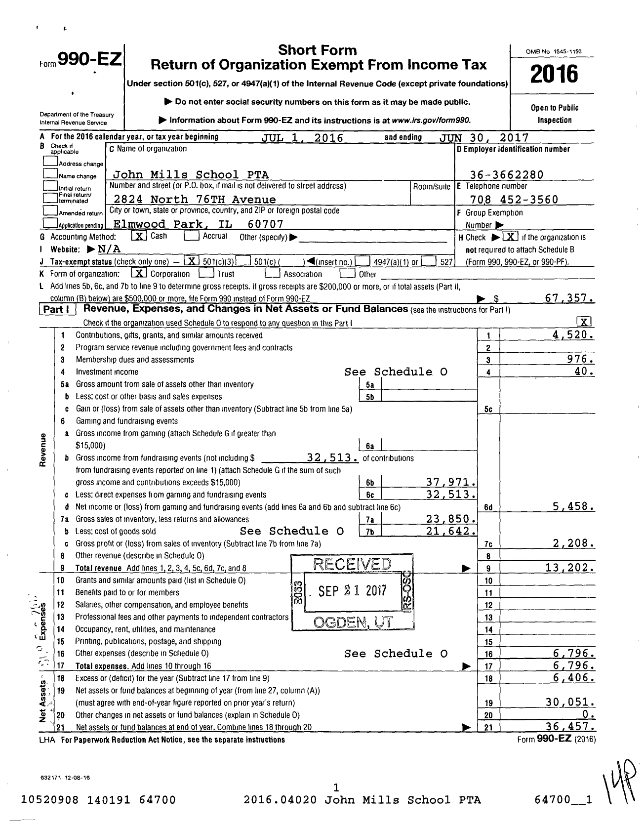 Image of first page of 2016 Form 990EZ for Illinois PTA - Mills PTA