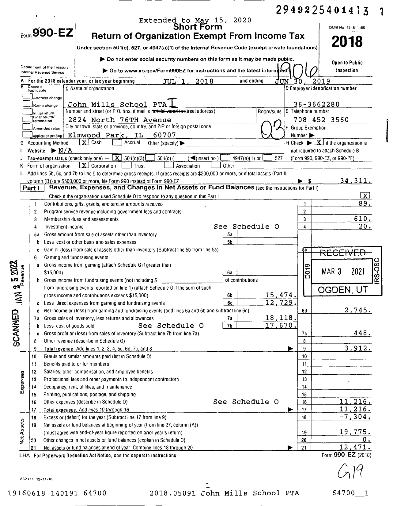 Image of first page of 2018 Form 990EZ for Illinois PTA - Mills PTA