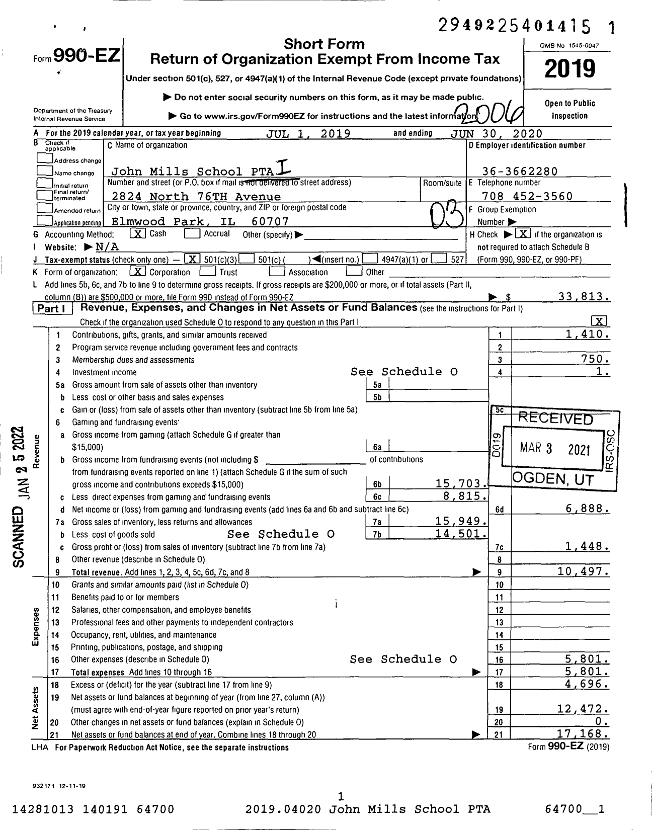 Image of first page of 2019 Form 990EZ for Illinois PTA - Mills PTA