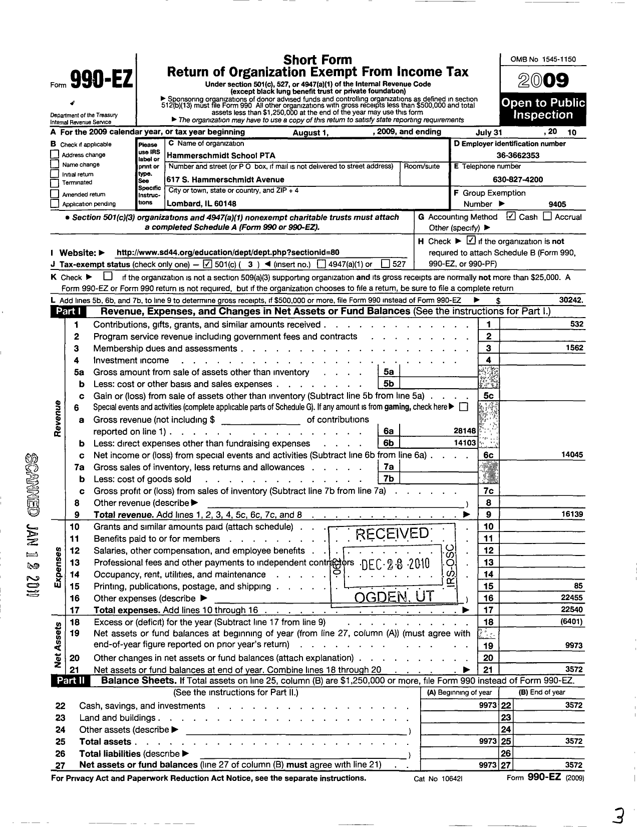 Image of first page of 2009 Form 990EZ for Illinois PTA - Hammerschmidt PTA