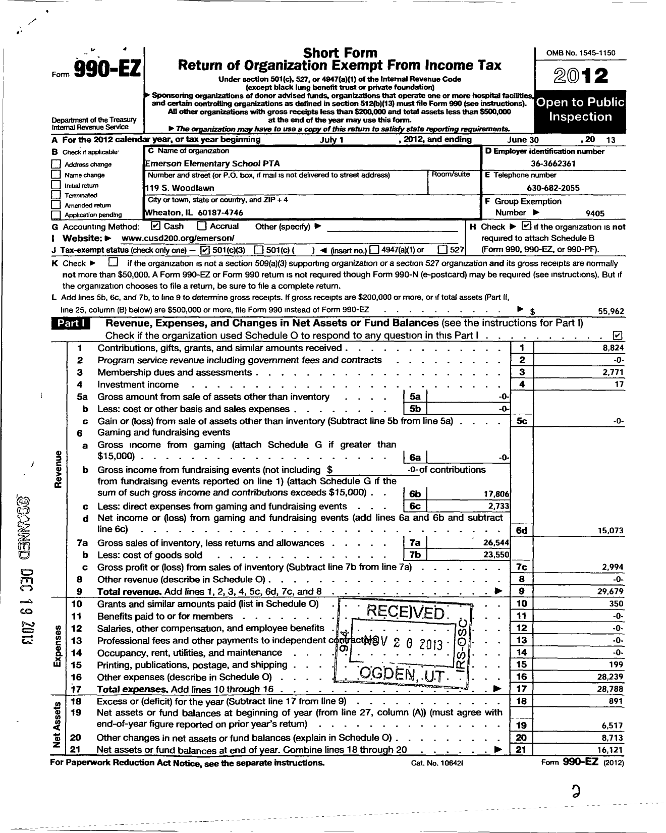 Image of first page of 2012 Form 990EZ for Illinois PTA - Emerson PTA