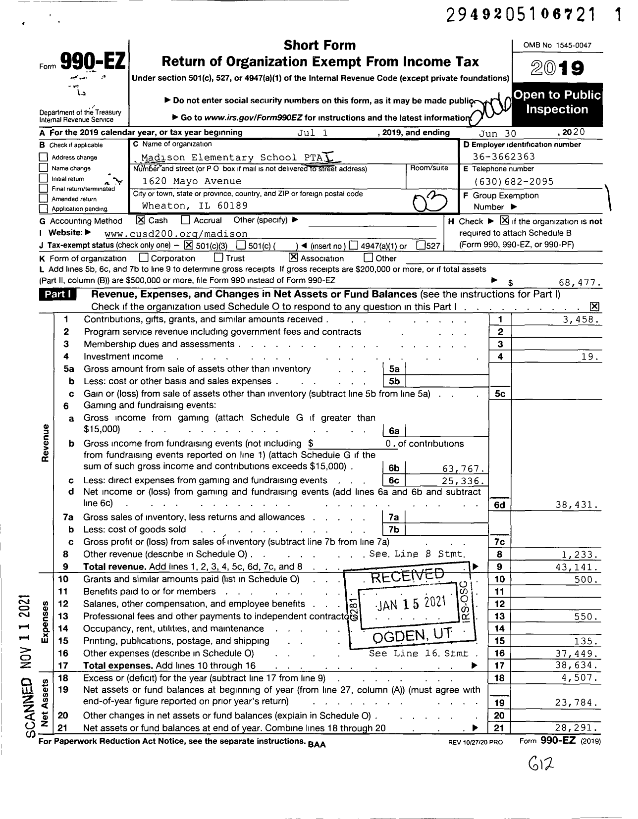 Image of first page of 2019 Form 990EZ for Illinois PTA - Madison PTA