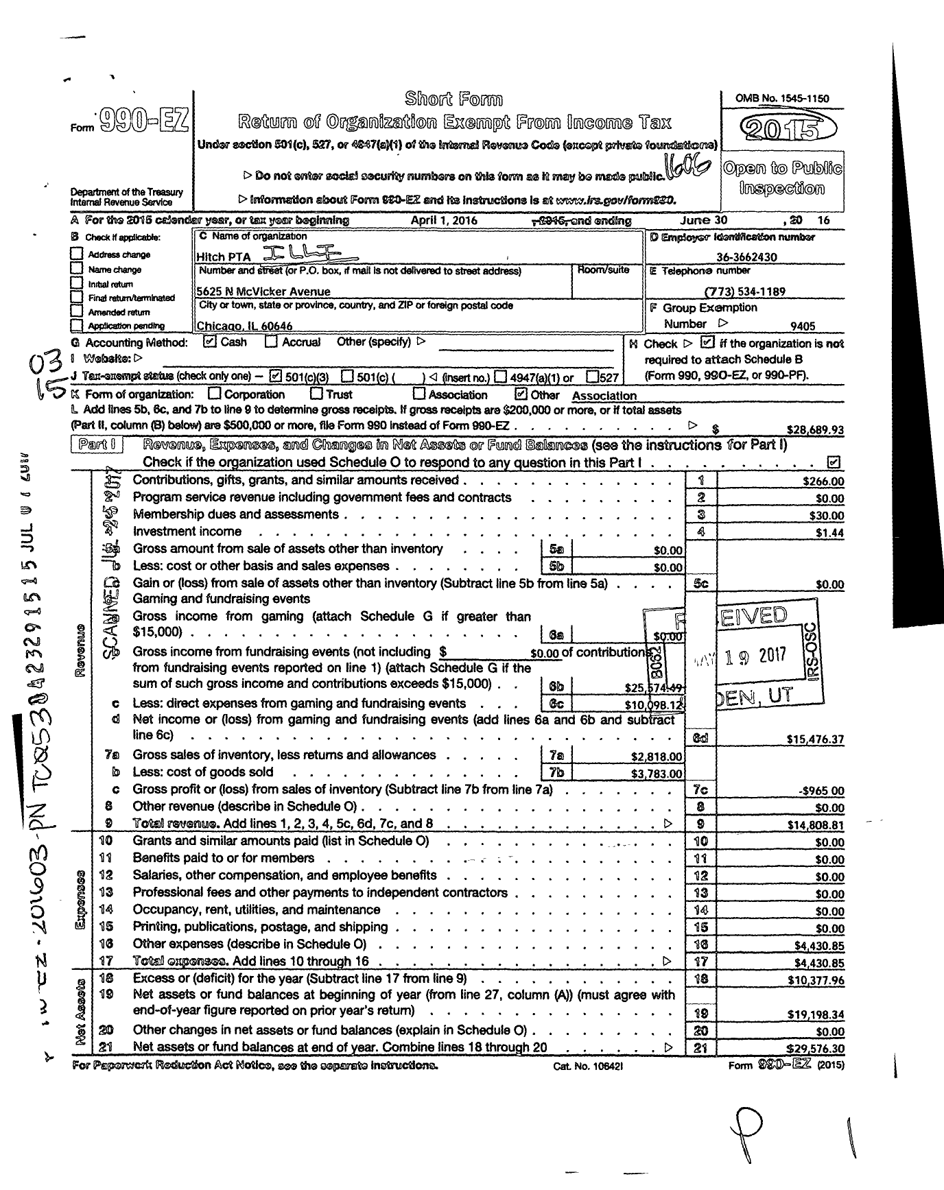 Image of first page of 2015 Form 990EZ for Illinois PTA - Hitch PTA