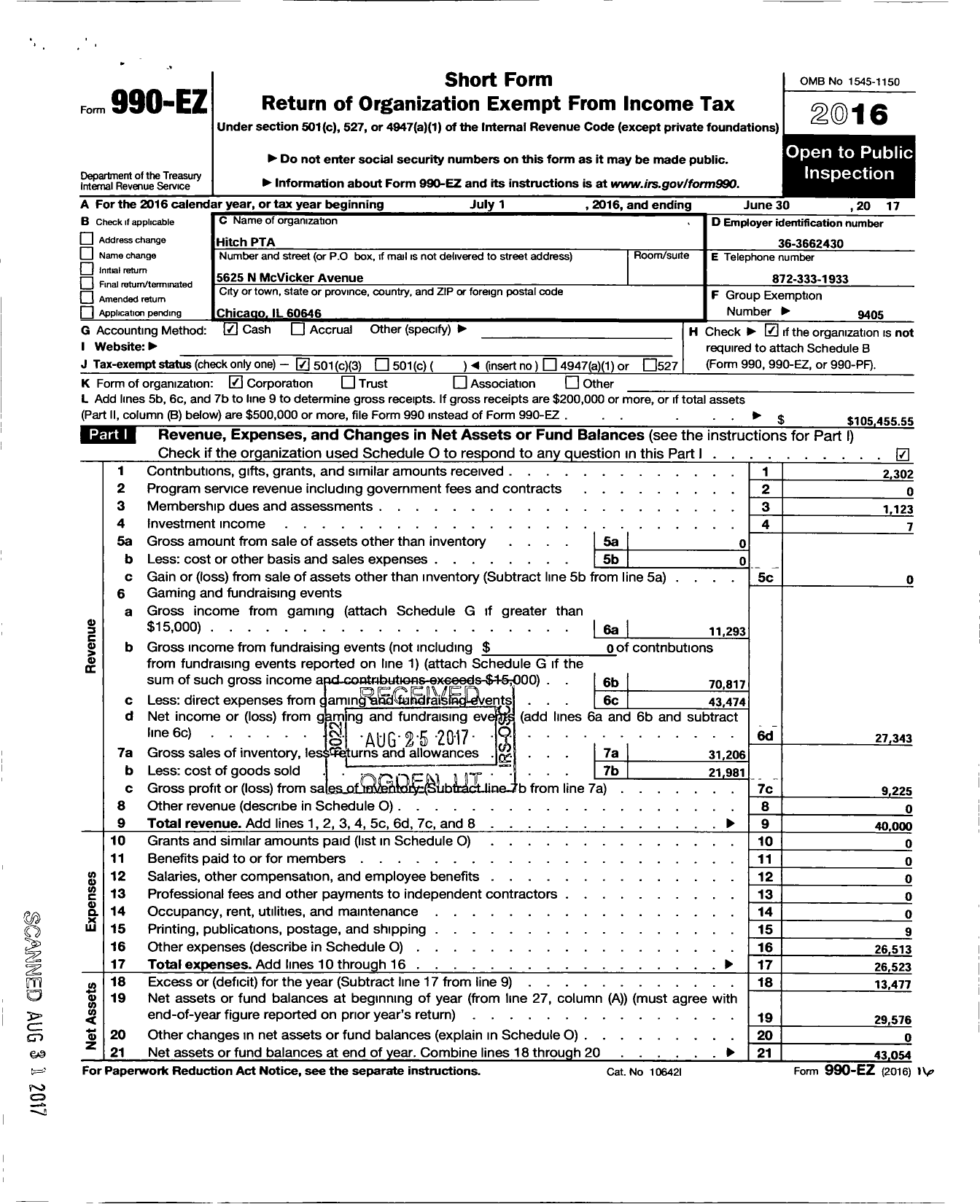 Image of first page of 2016 Form 990EZ for Illinois PTA - Hitch PTA