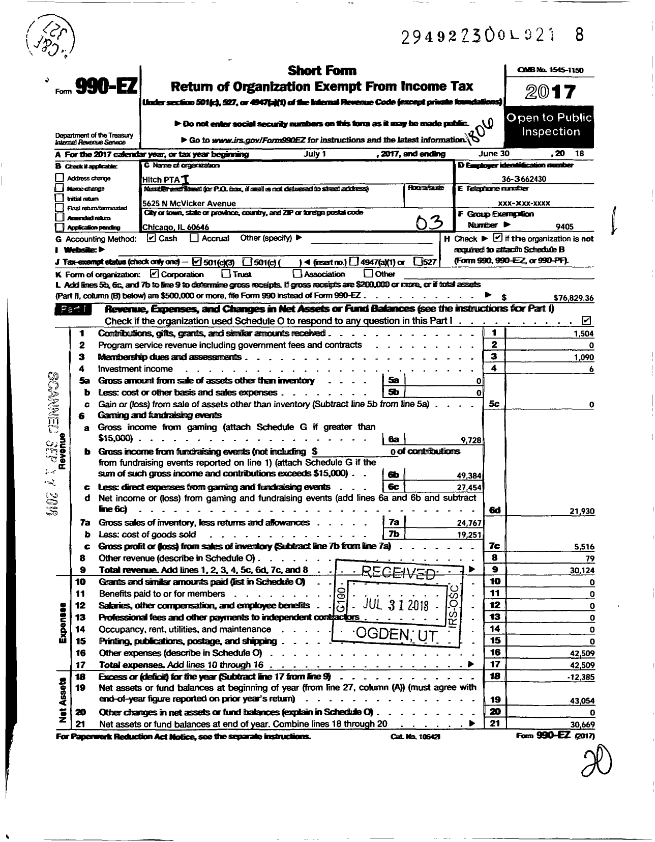 Image of first page of 2017 Form 990EZ for Illinois PTA - Hitch PTA