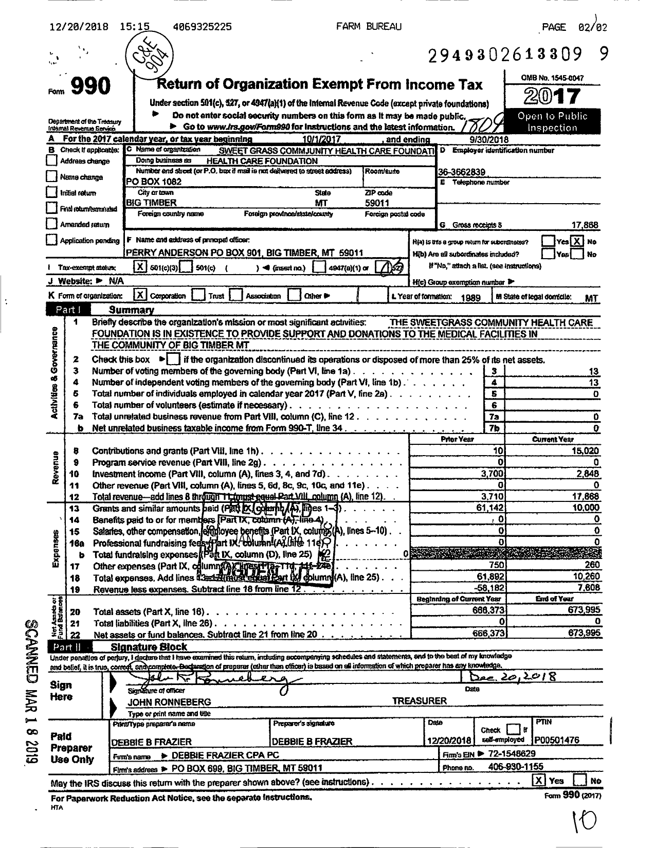 Image of first page of 2017 Form 990 for Sweet Grass Community Health Care Foundation