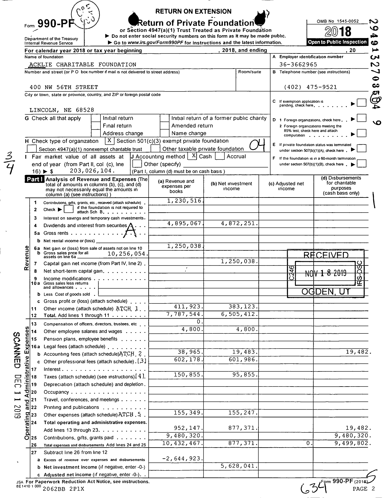 Image of first page of 2018 Form 990PF for Acklie Charitable Foundation