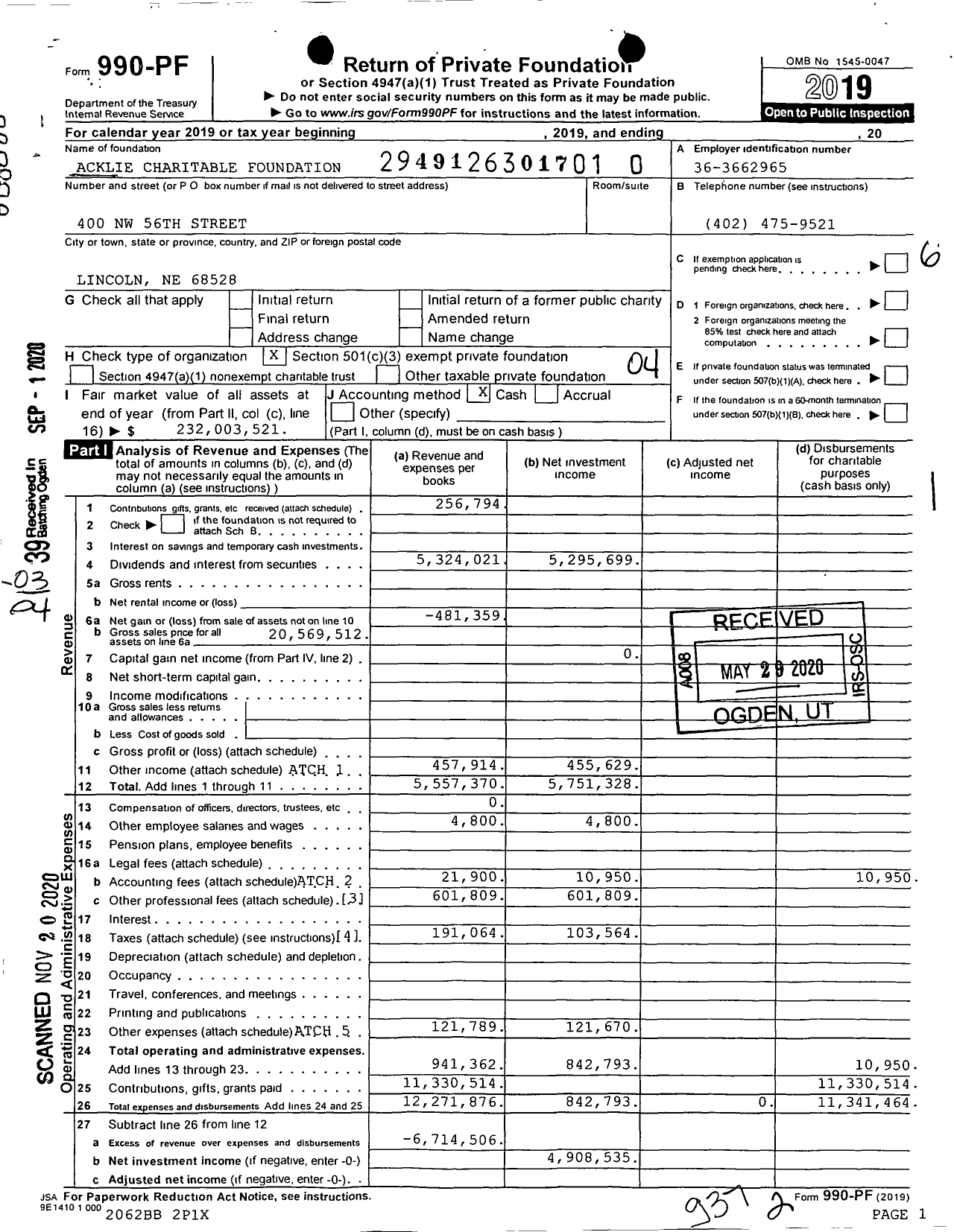 Image of first page of 2019 Form 990PF for Acklie Charitable Foundation