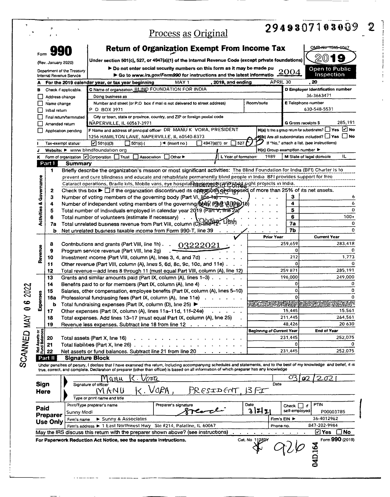 Image of first page of 2019 Form 990 for Blind Foundation for India