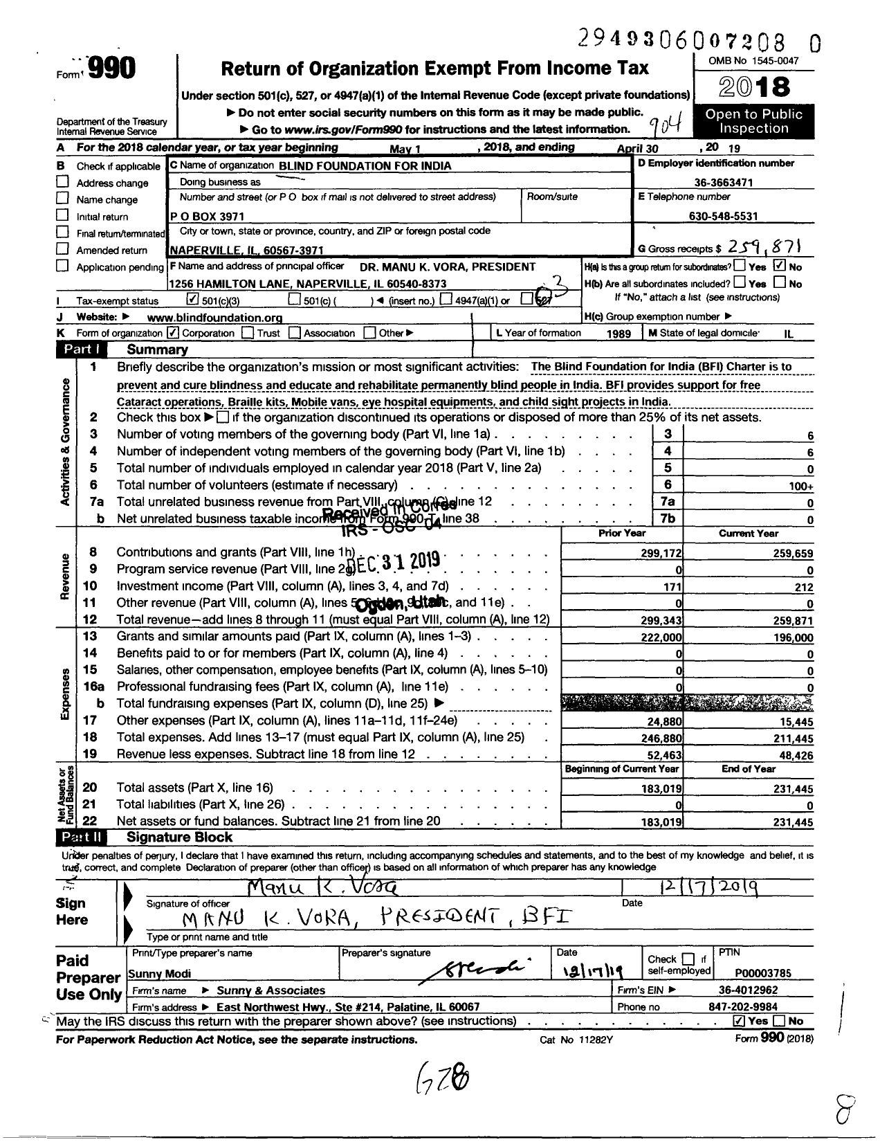 Image of first page of 2018 Form 990 for Blind Foundation for India