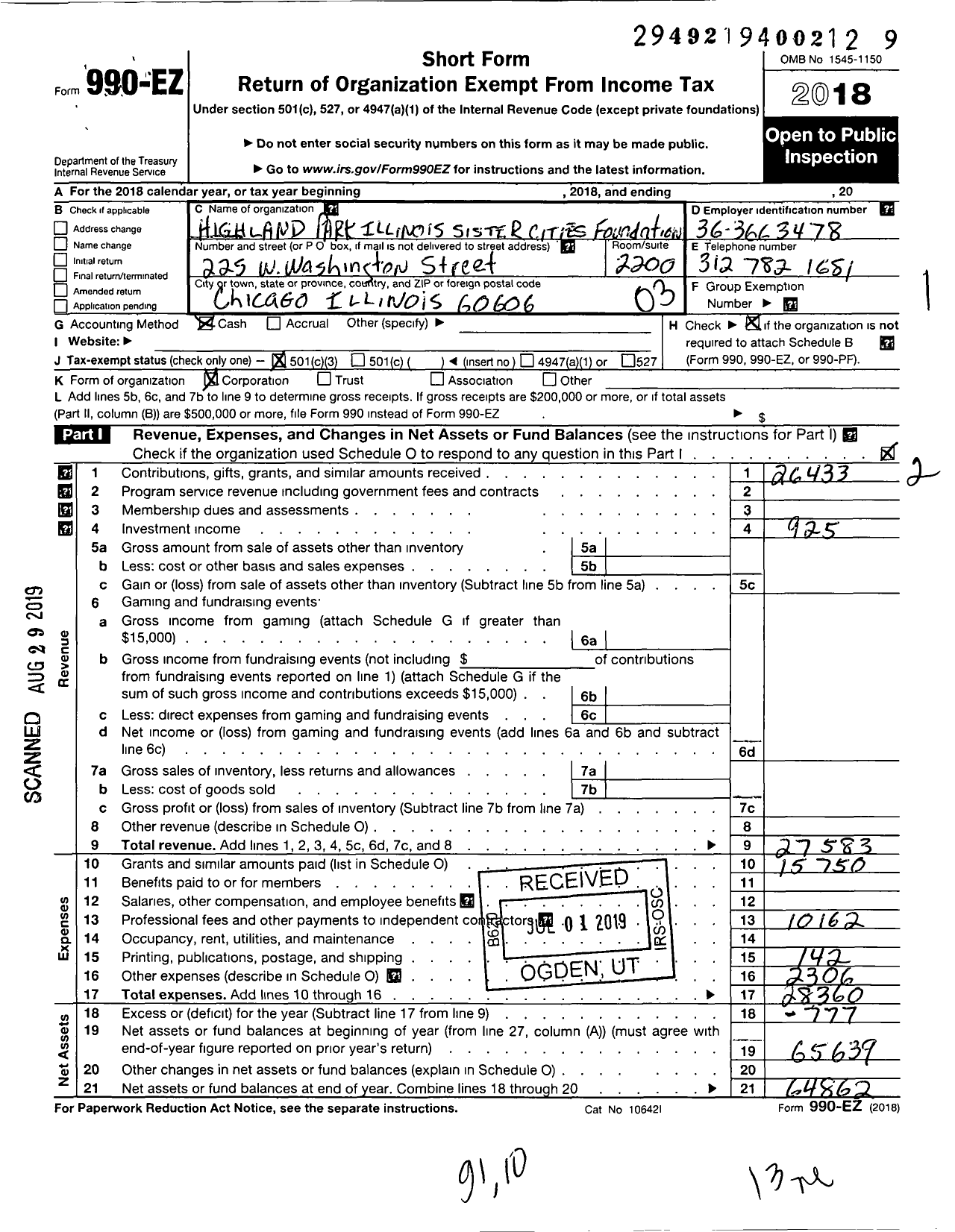 Image of first page of 2018 Form 990EZ for Highland Park Illinois Sister Cities Foundation