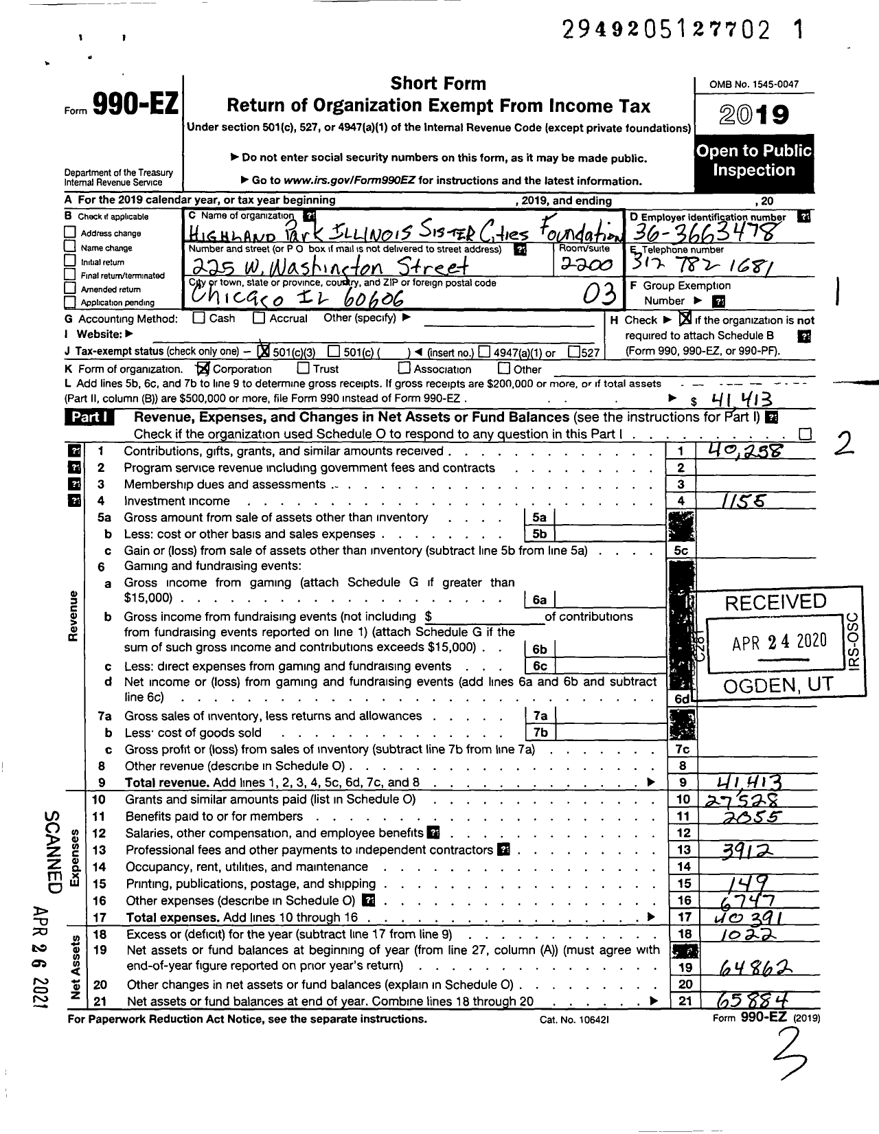 Image of first page of 2019 Form 990EZ for Highland Park Illinois Sister Cities Foundation