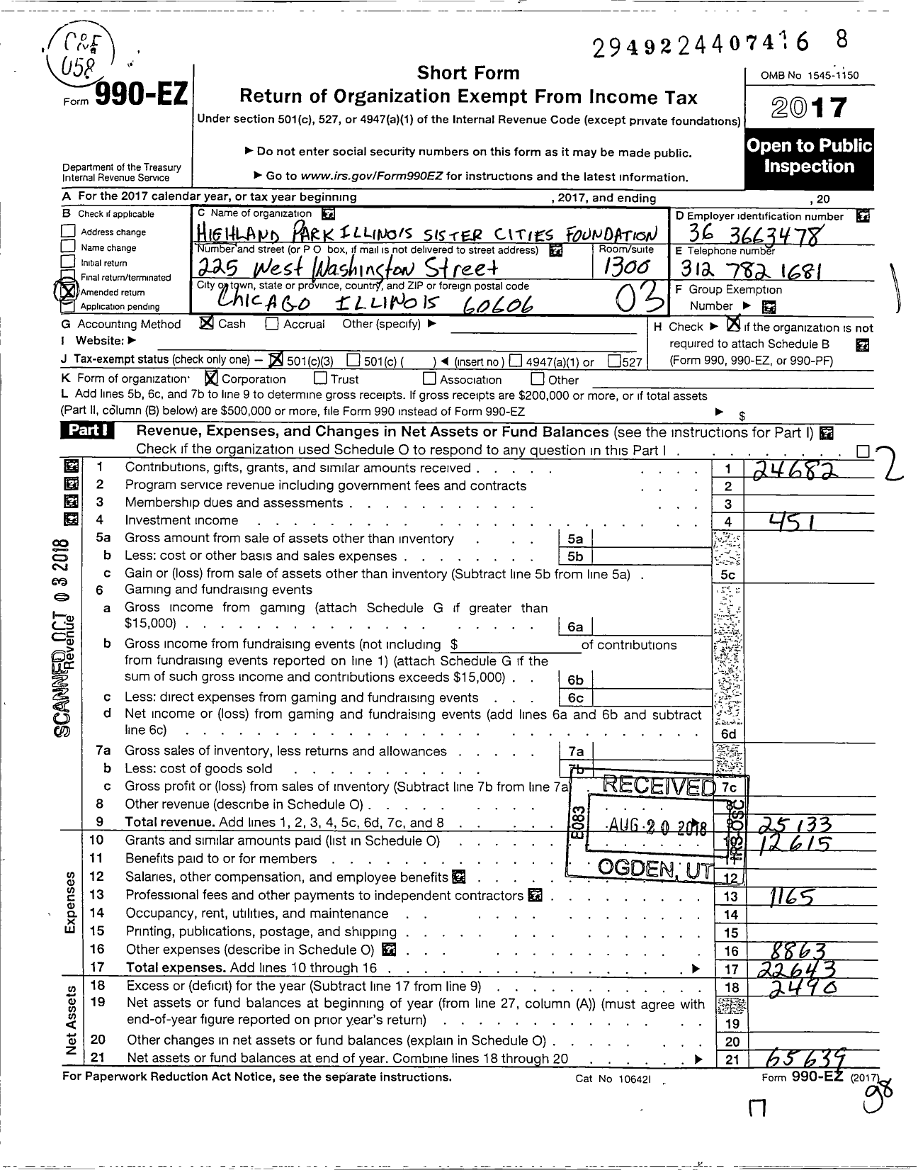 Image of first page of 2017 Form 990EZ for Highland Park Illinois Sister Cities Foundation