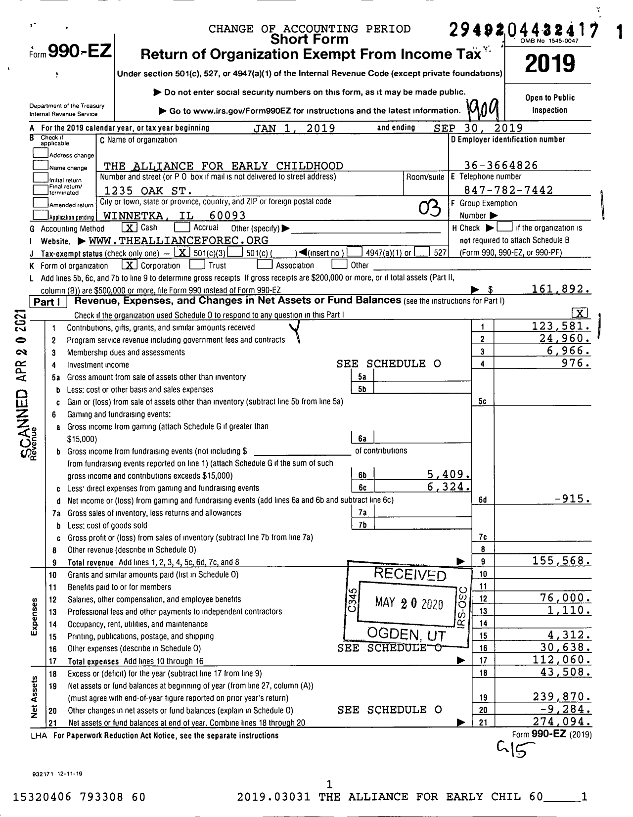 Image of first page of 2018 Form 990EZ for The Alliance for Early Childhood