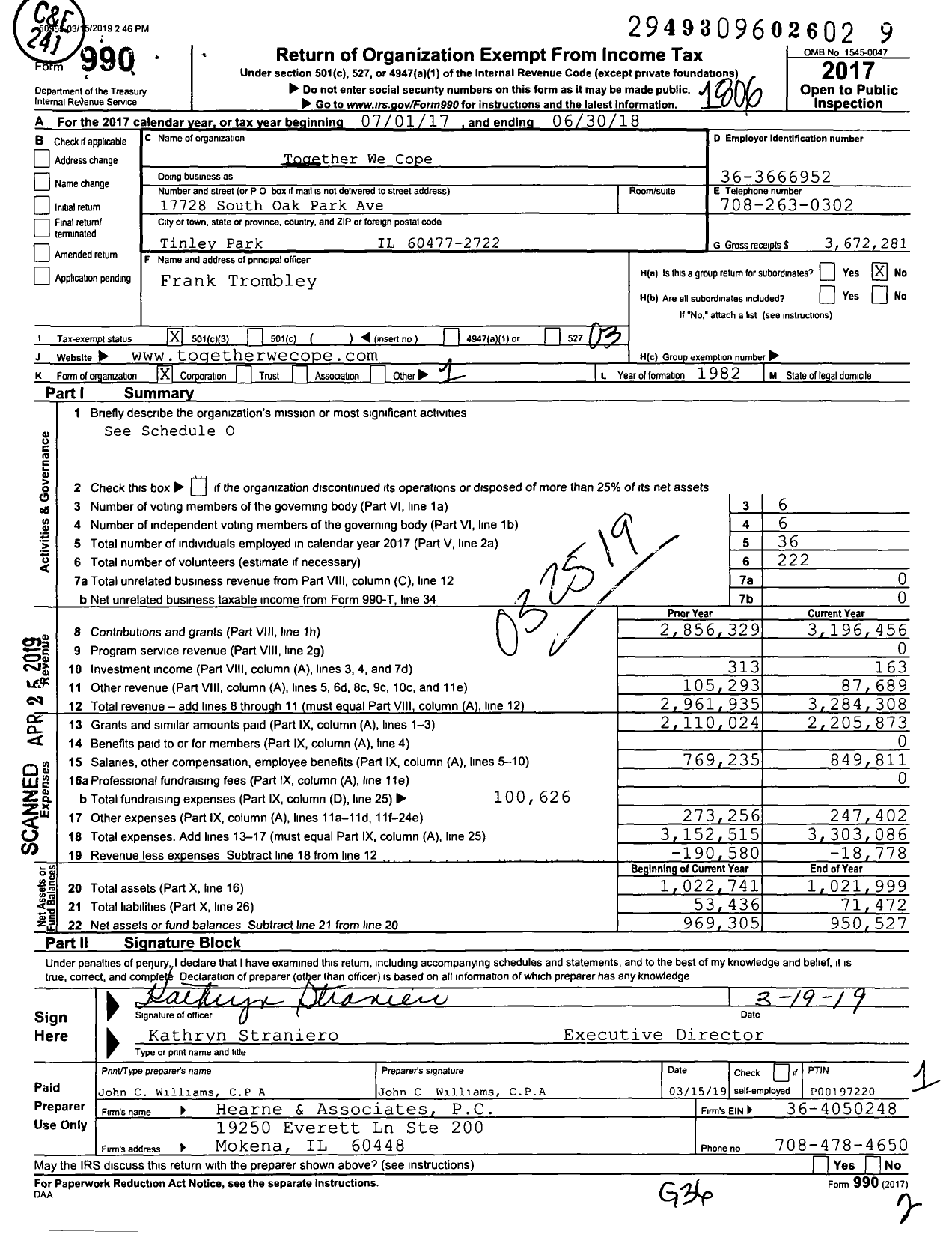 Image of first page of 2017 Form 990 for Together We Cope (TWC)