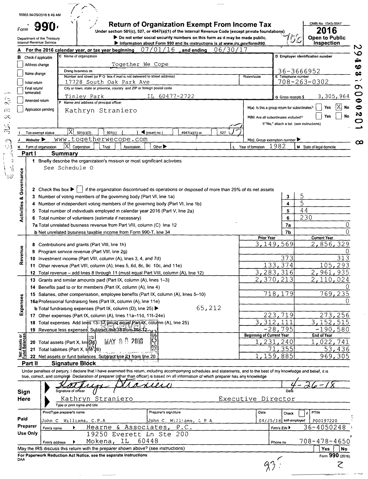Image of first page of 2016 Form 990 for Together We Cope (TWC)