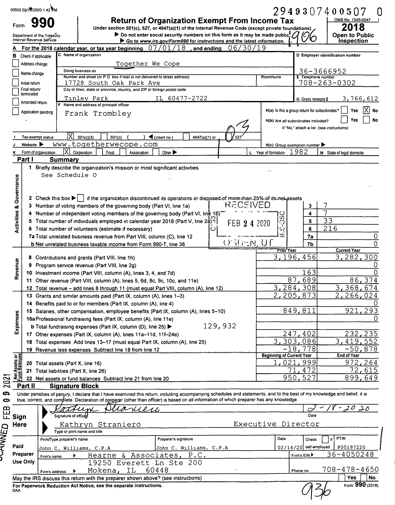 Image of first page of 2018 Form 990 for Together We Cope (TWC)