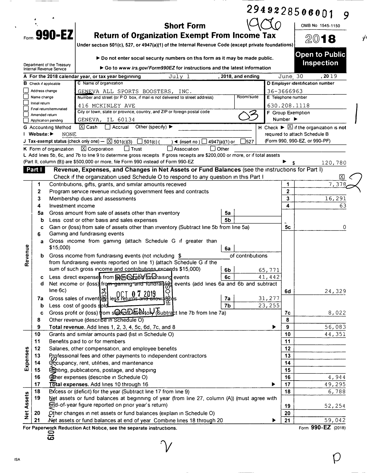 Image of first page of 2018 Form 990EZ for Geneva All Sports Boosters